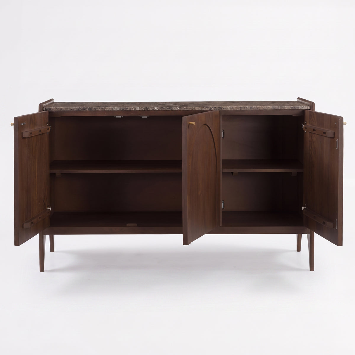 Buffet Sandro en bois de manguier et plateau en marbre, portes ouvertes, rangement intérieur - Maison Pavane