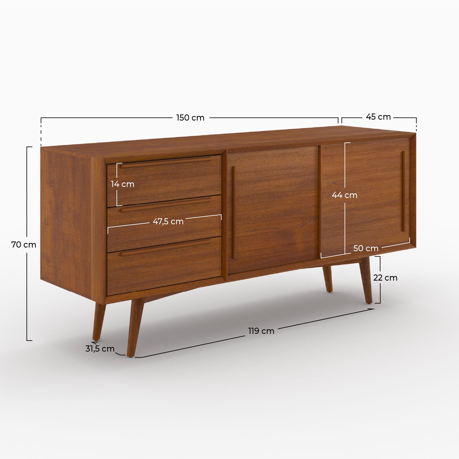 buffet in teak massiccio 2 porte scorrevoli 3 cassetti waya