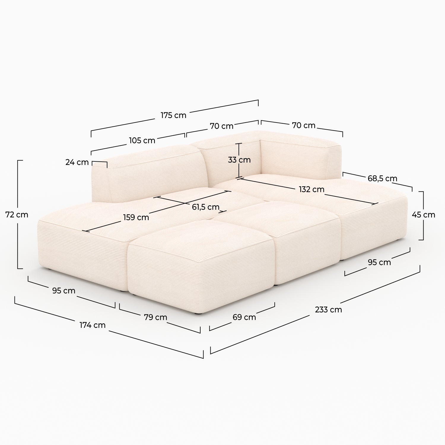 Canapé 4 places Mina blanc velours côtelé modulable 2 poufs