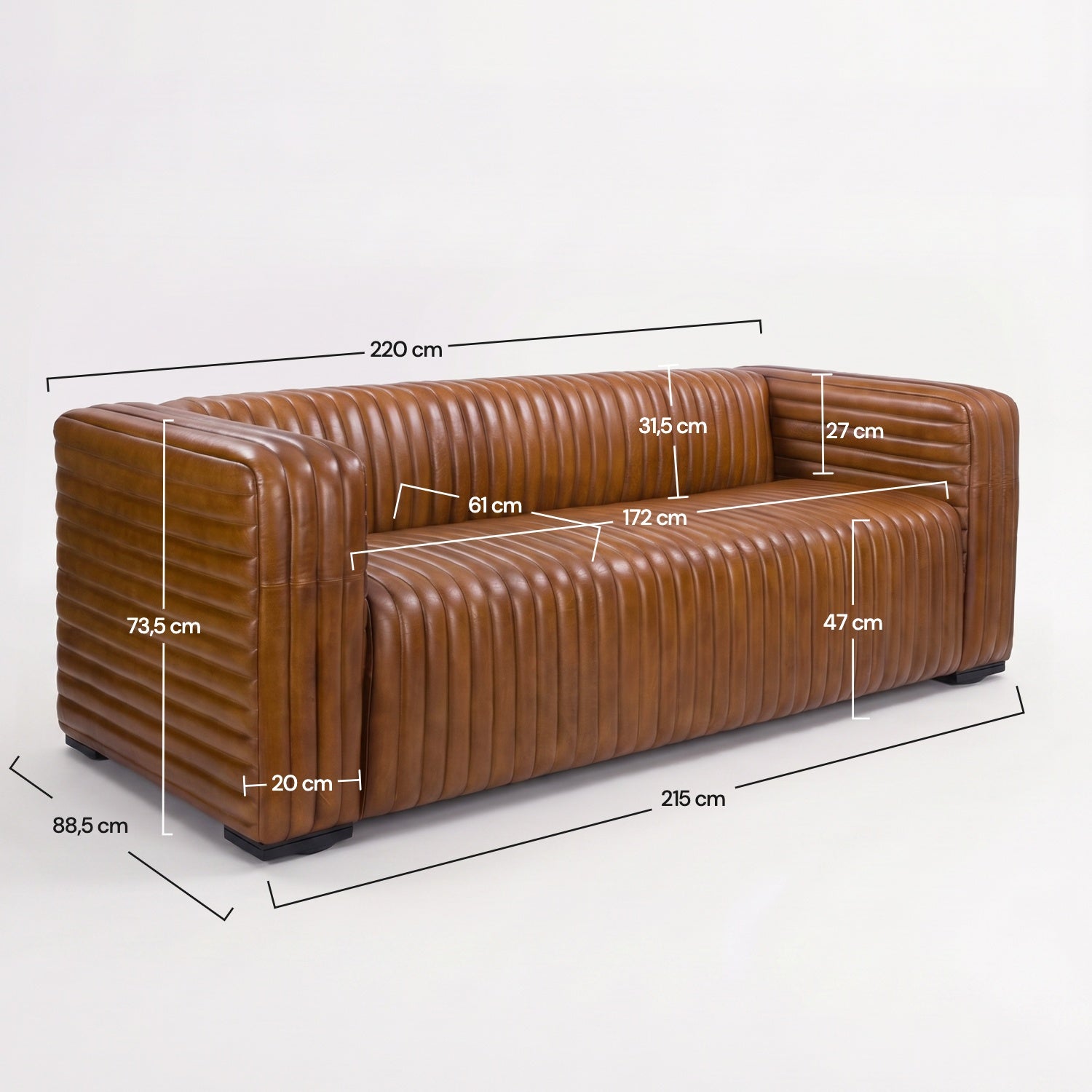 Dimensions du canapé Barnabé en cuir de buffle marron - Maison Pavane