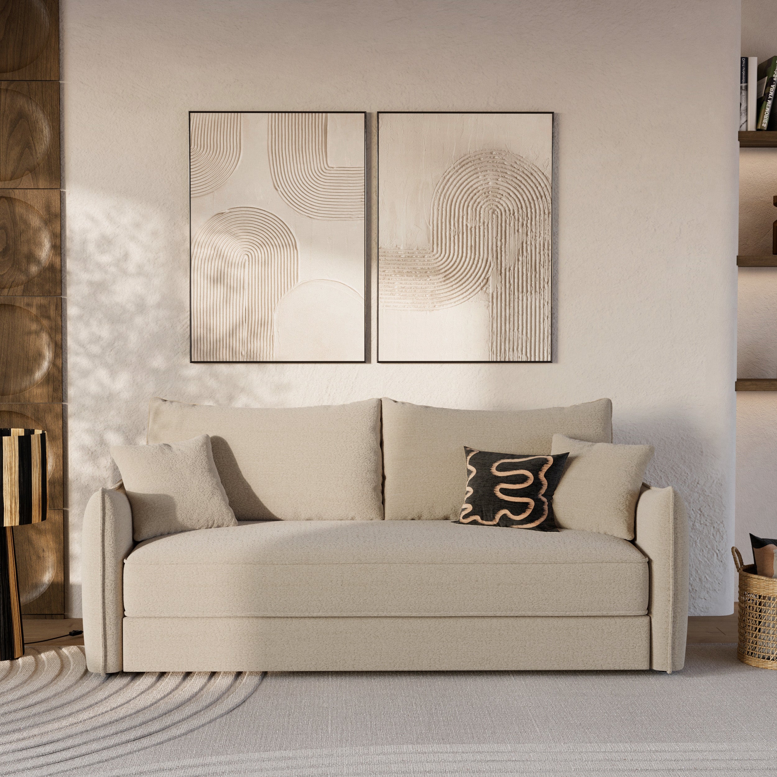 canape convertible en tissu effet lin beige celeste 3 places celeste