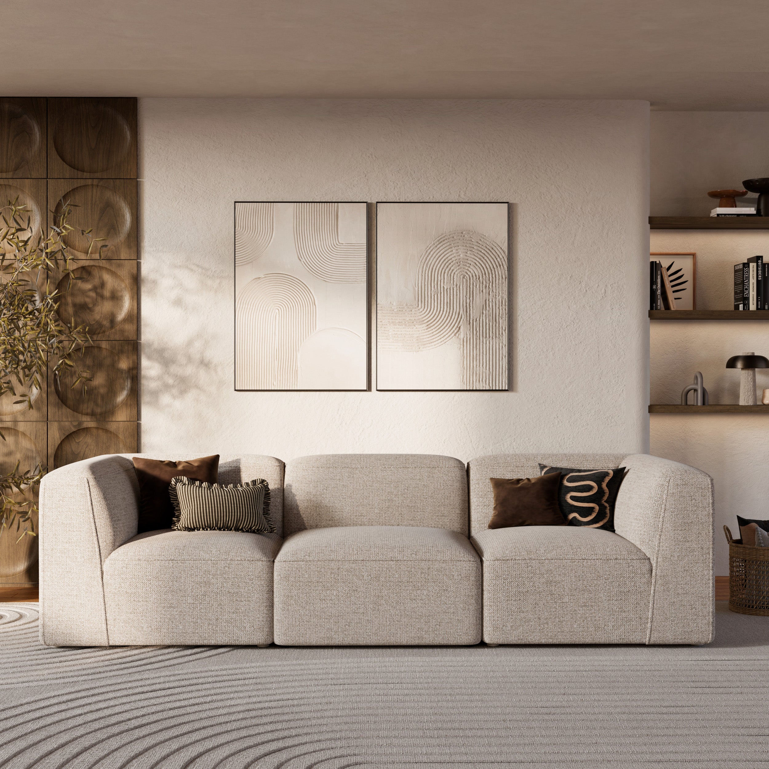 Canapé droit modulable Hestia tissu texture beige angle interchangeable
