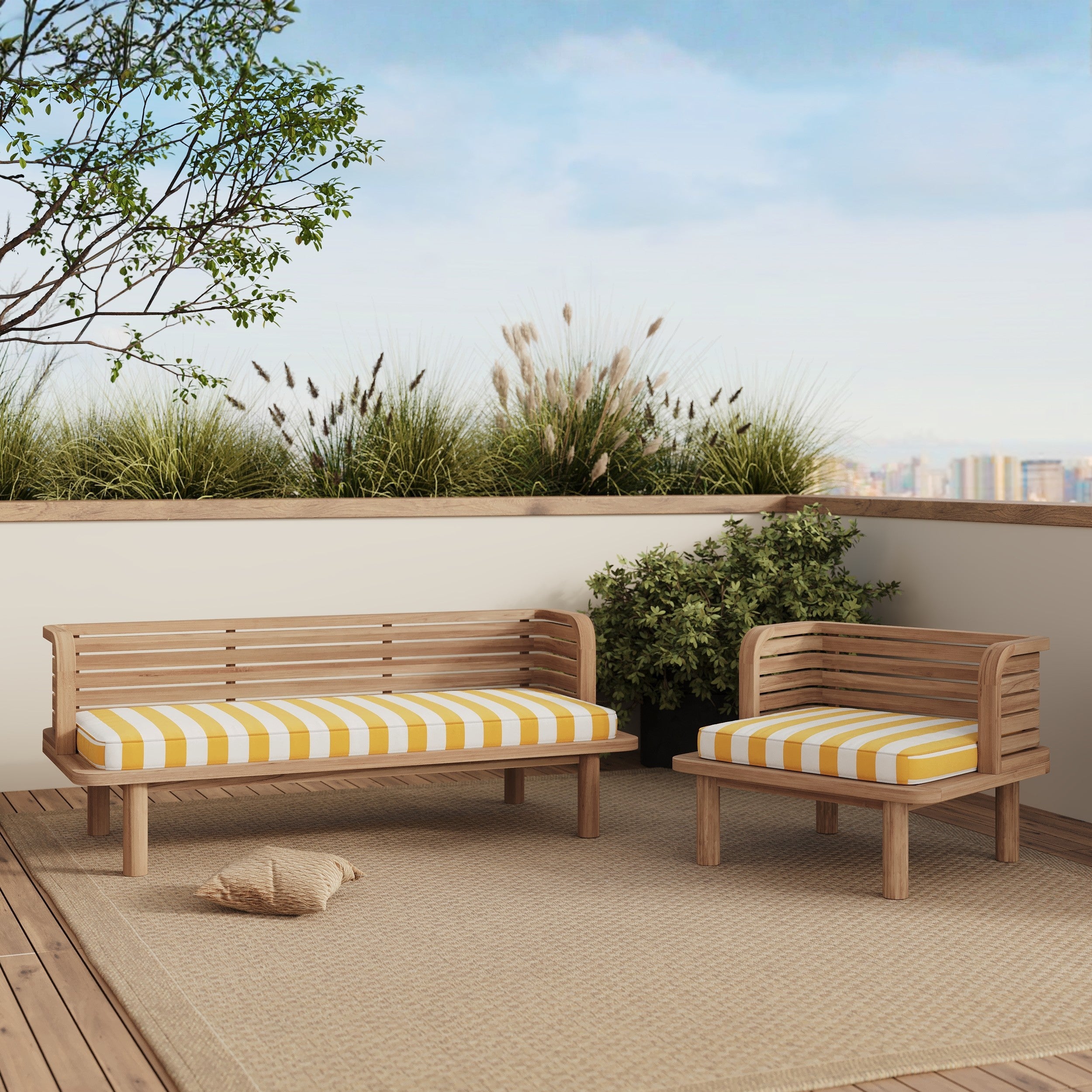 Canapé et fauteuil de jardin teck massif et tissu jaune