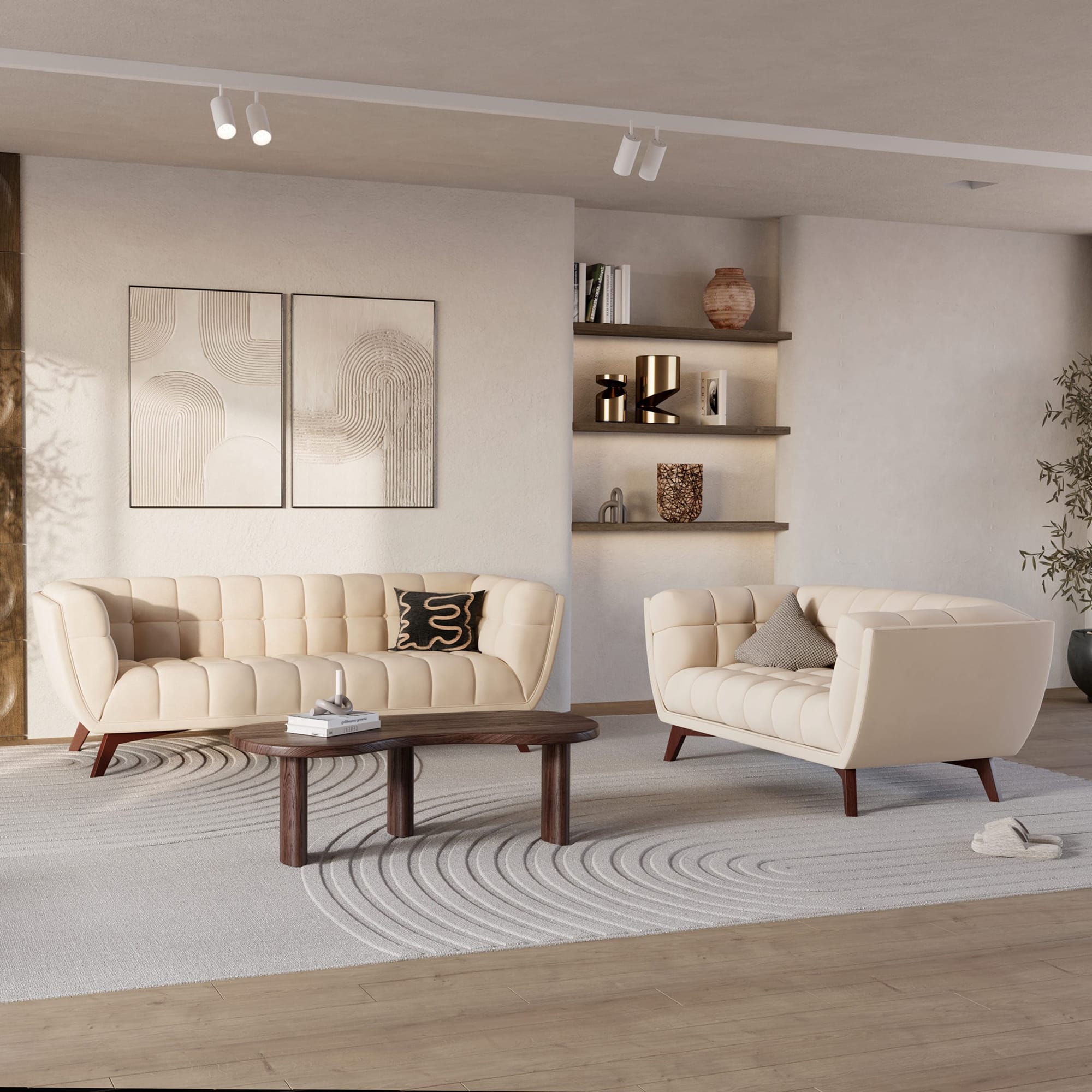 Canapé et fauteuil capitonnés en cuir crème, pieds bois noyer, salon moderne épuré ambiance lumineuse – Maison Pavane