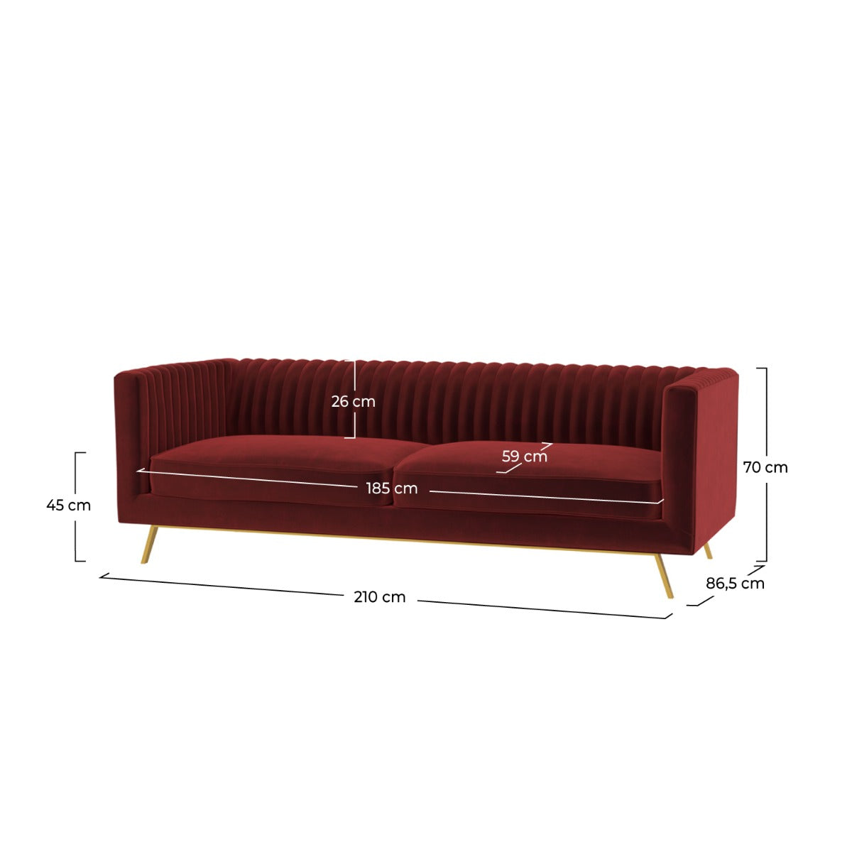 divano Gatsby 3 posti in velluto con gambe dorate