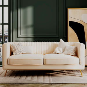 divano Gatsby in velluto beige con piedi dorati, 2 posti