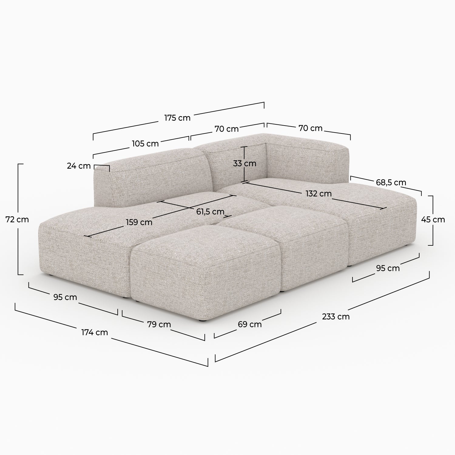 Canapé Hestia modulable angle droit tissu beige avec 2 poufs 4 places