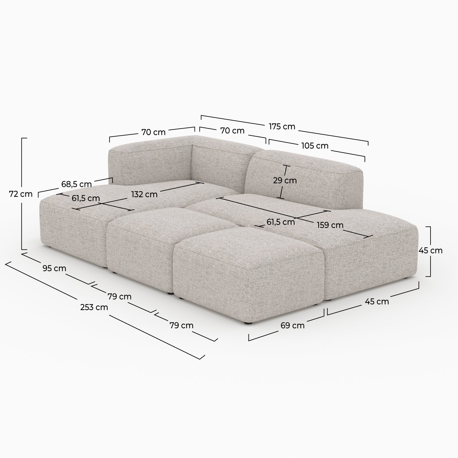 Canapé Hestia modulable angle gauche tissu beige 2 poufs