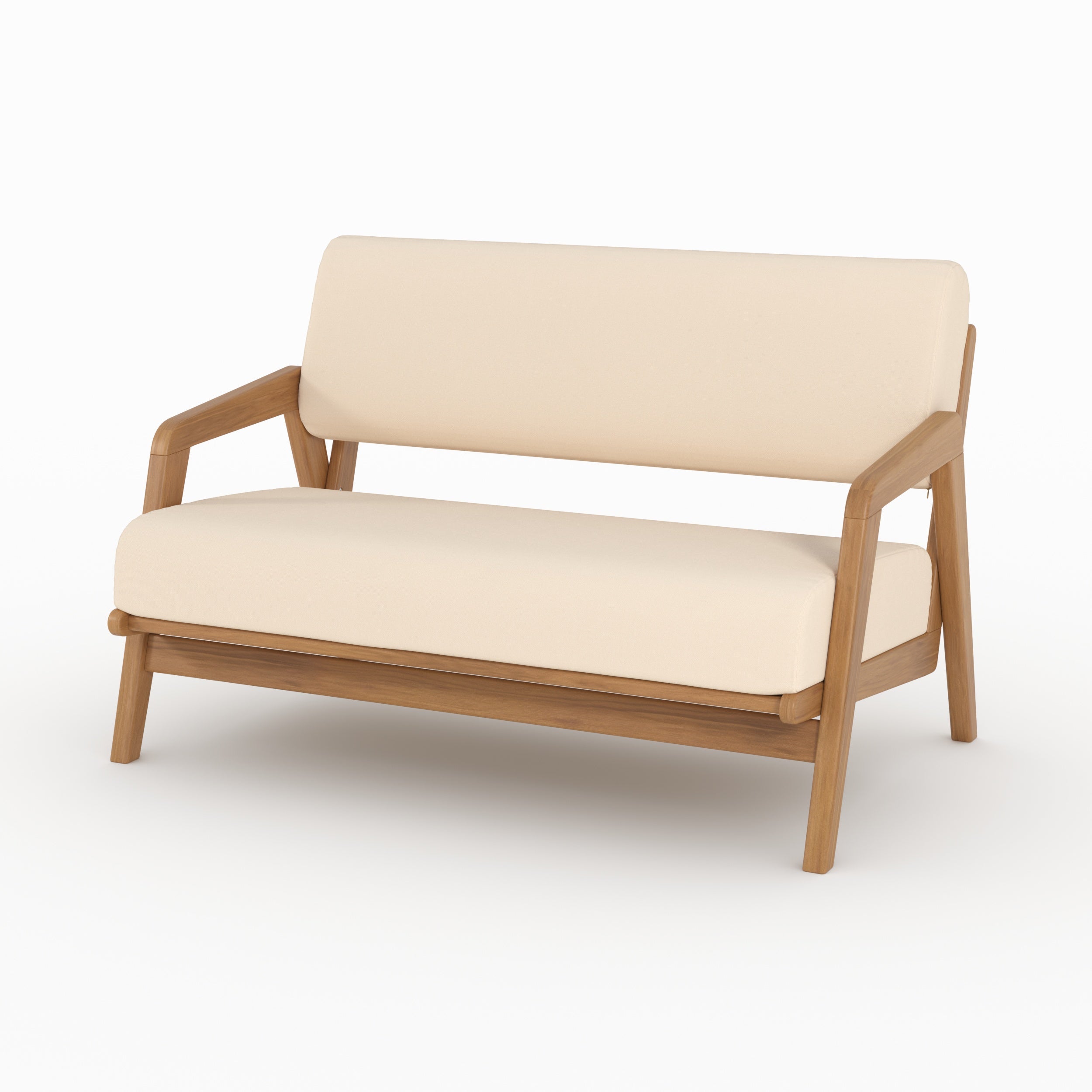 Canapé jardin Siargao 2 places bois acacia tissu beige clair vue perspective