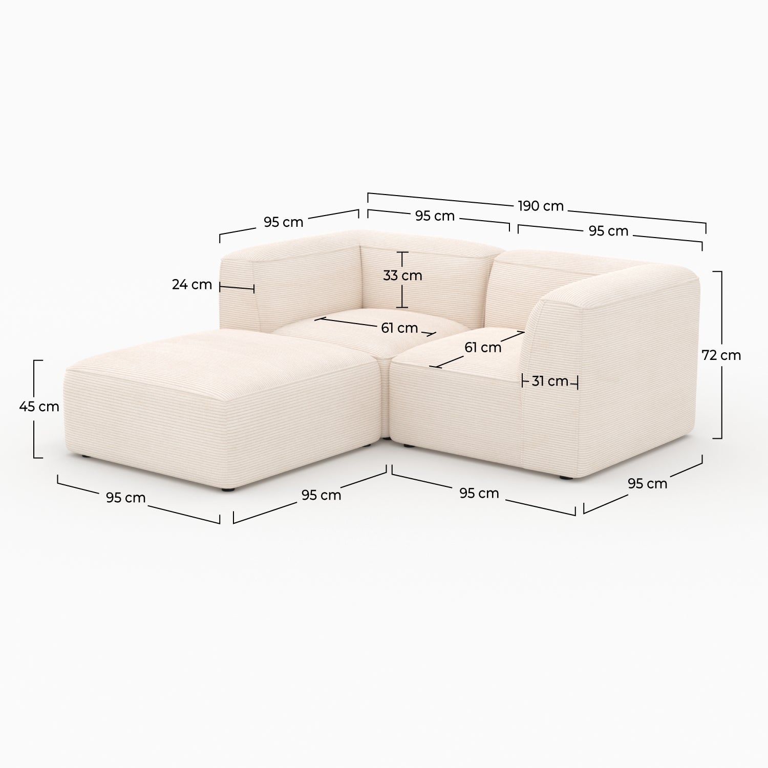 Canapé Mina 2 places pouf blanc velours modulable