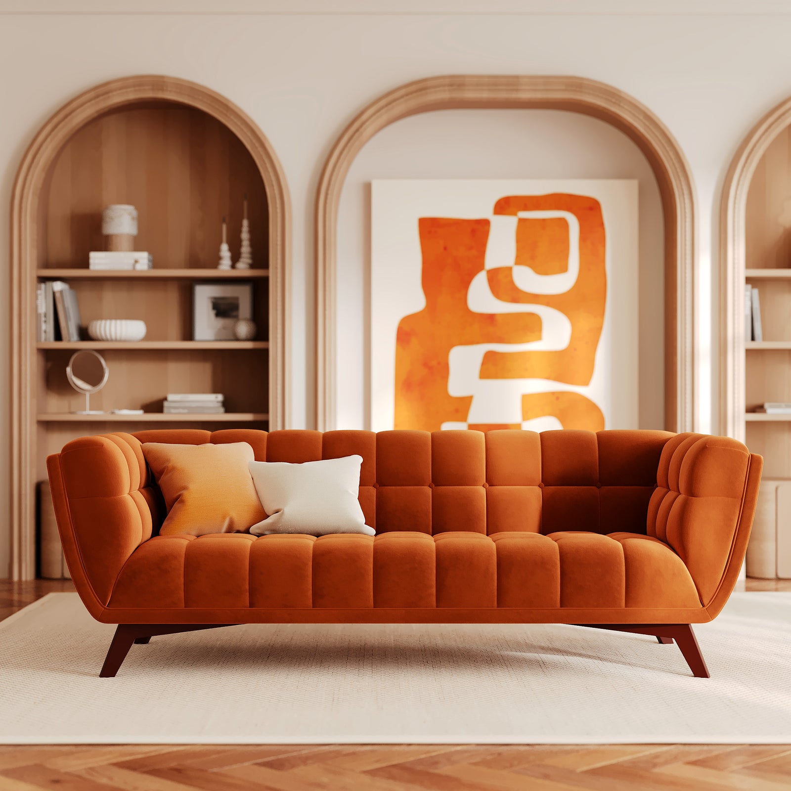 Mona 3-Sitzer Sofa aus Curcuma-Orangen-Velours im Art-Déco-Stil – Maison Pavane