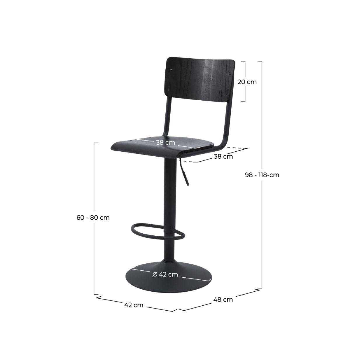 chaie de bar clem noire reglable 60 80 cm lot de 2