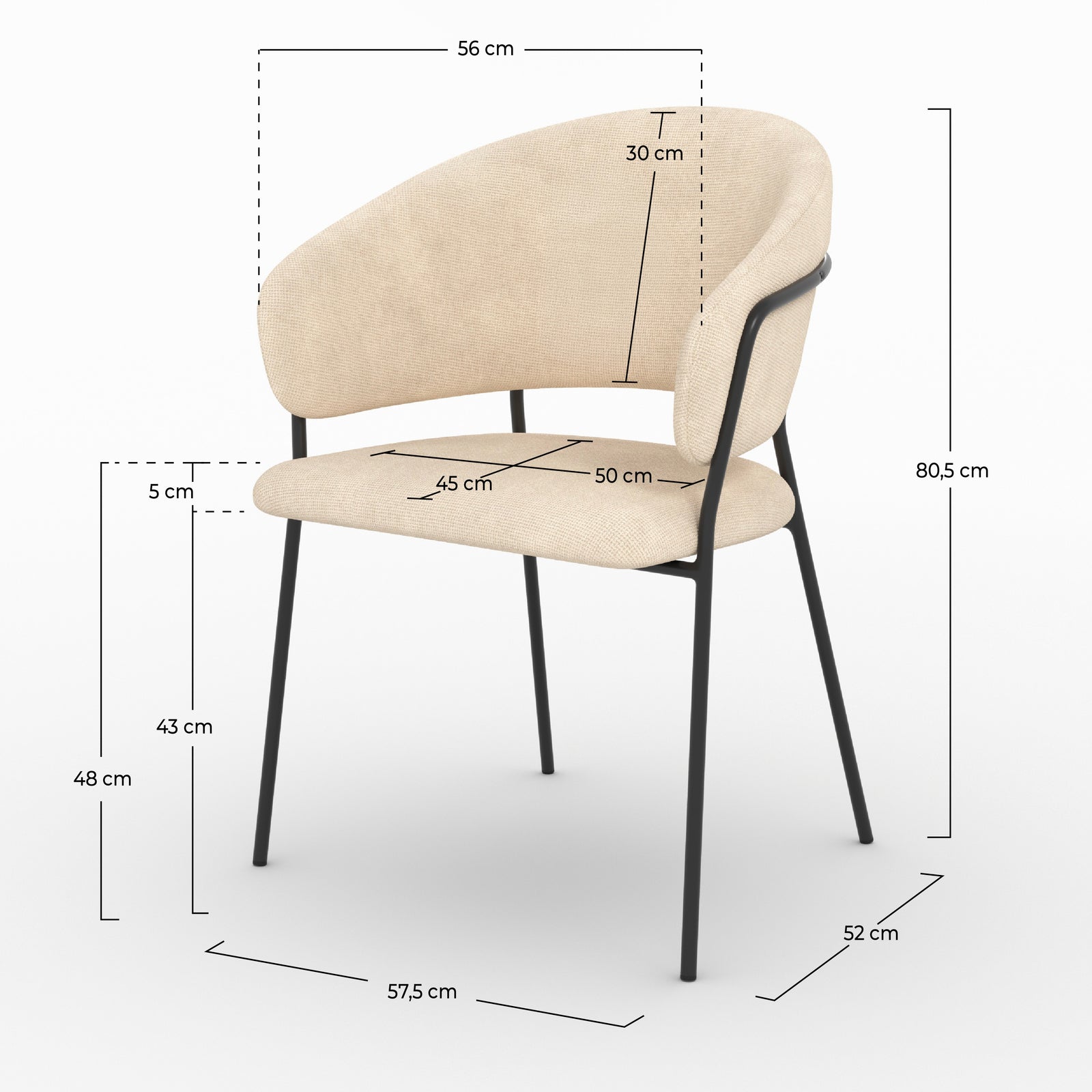 Dimensions de la chaise Amaya en tissu beige et pieds en métal noir - Maison Pavane