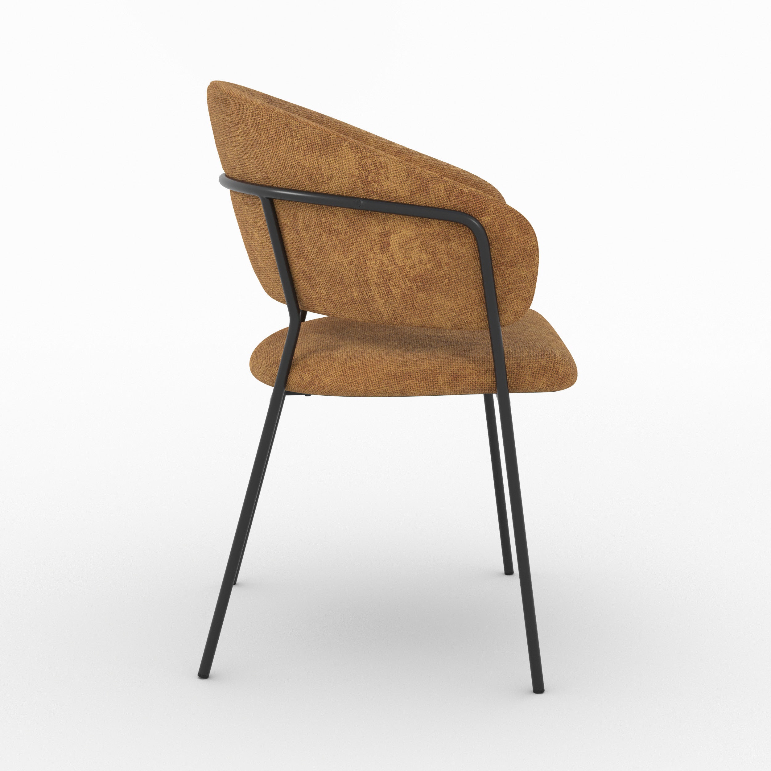 Chaise Amaya en tissu caramel et pieds en métal noir, vue de profil - Maison Pavane
