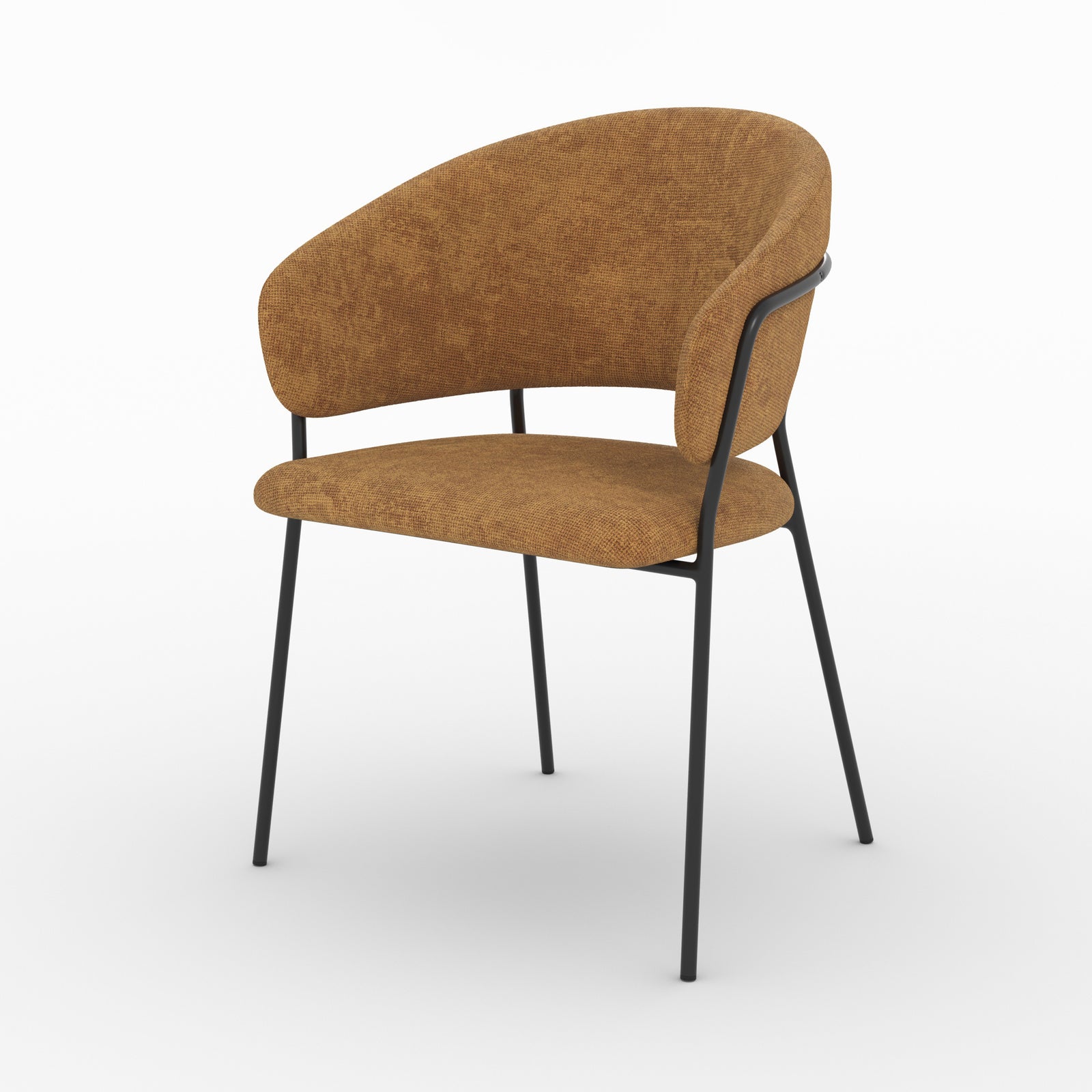 Chaise Amaya en tissu caramel et pieds en métal noir, vue de trois quarts - Maison Pavane