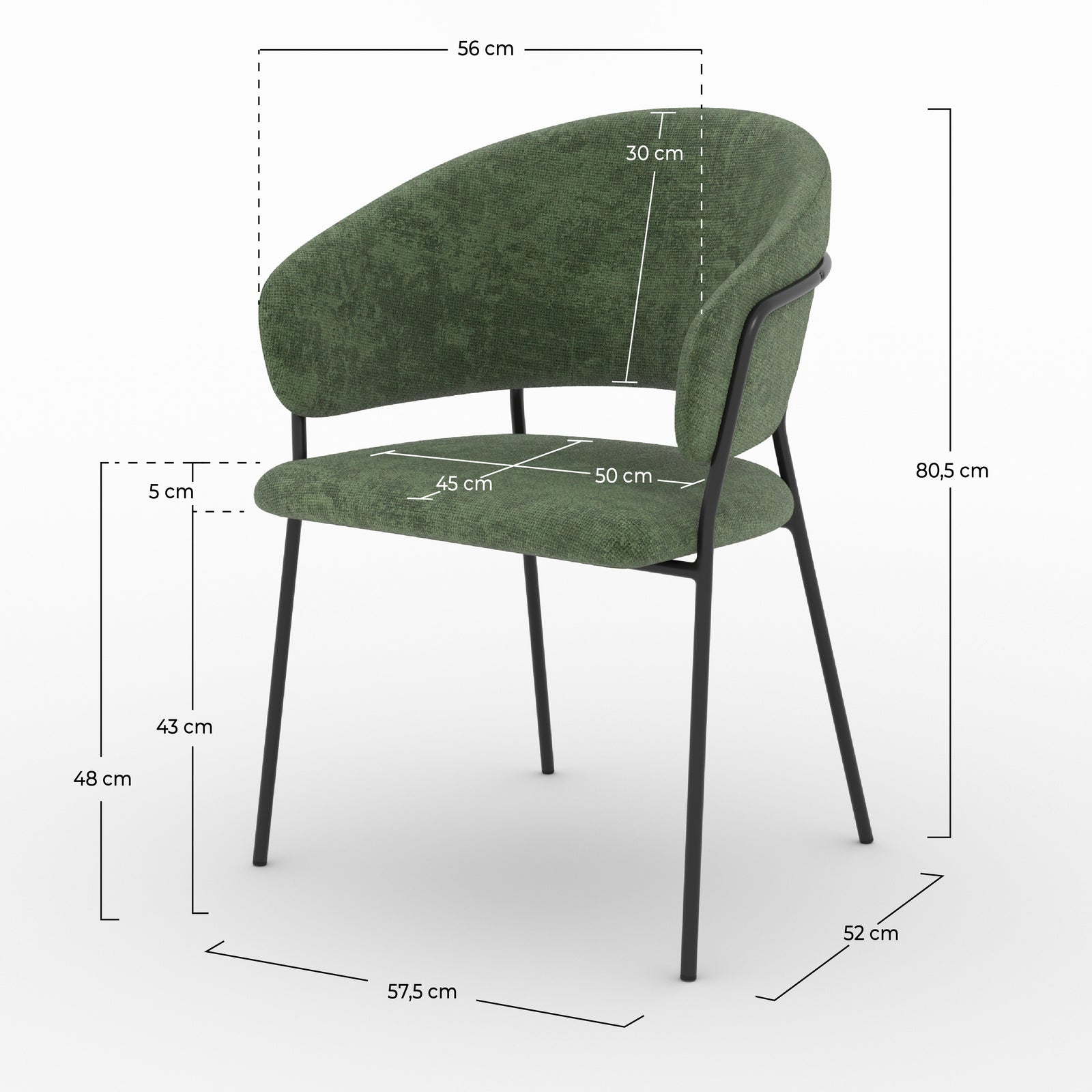 Dimensions de la chaise Amaya en tissu vert sapin et pieds en métal noir - Maison Pavane