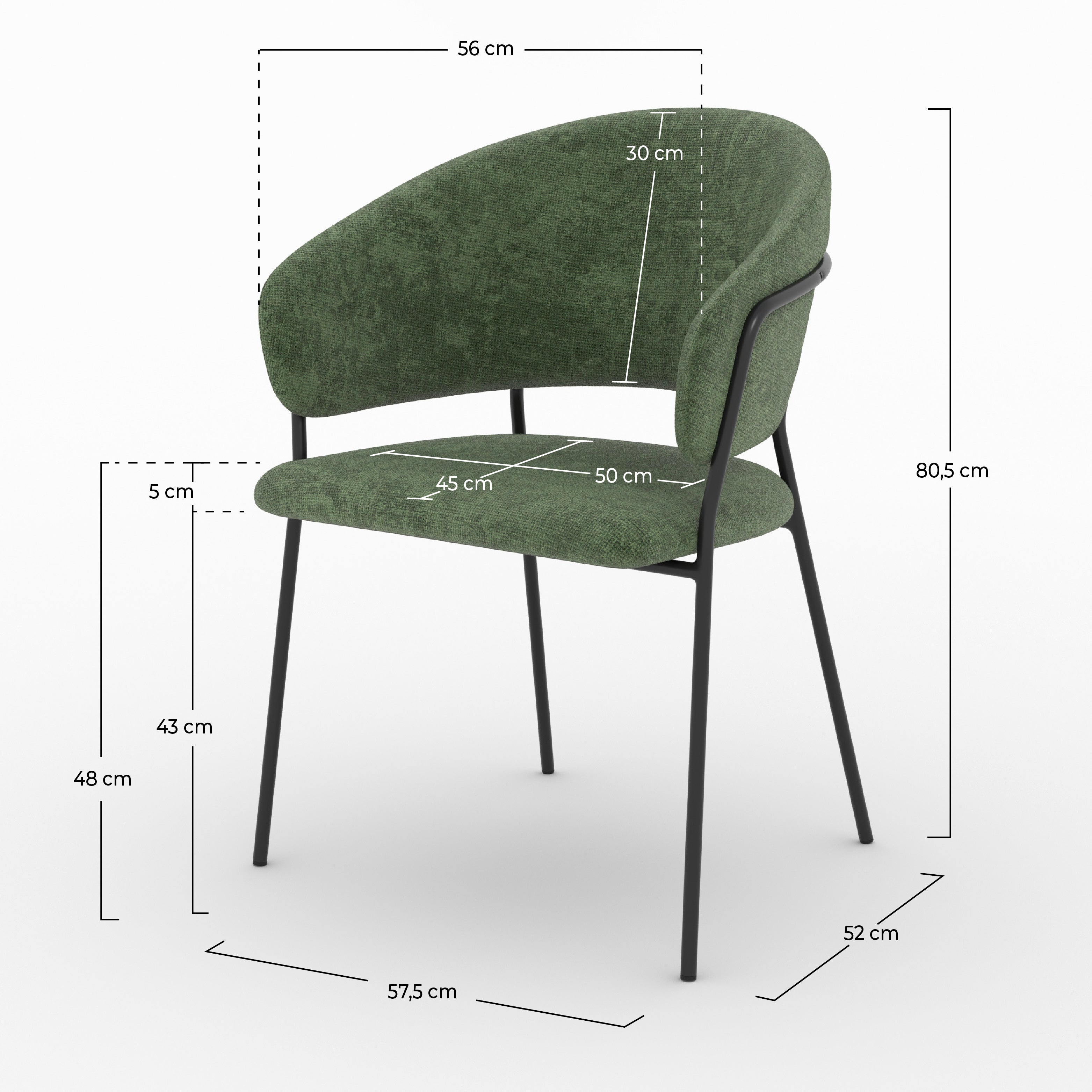 Dimensions de la chaise Amaya en tissu vert sapin et pieds en métal noir - Maison Pavane