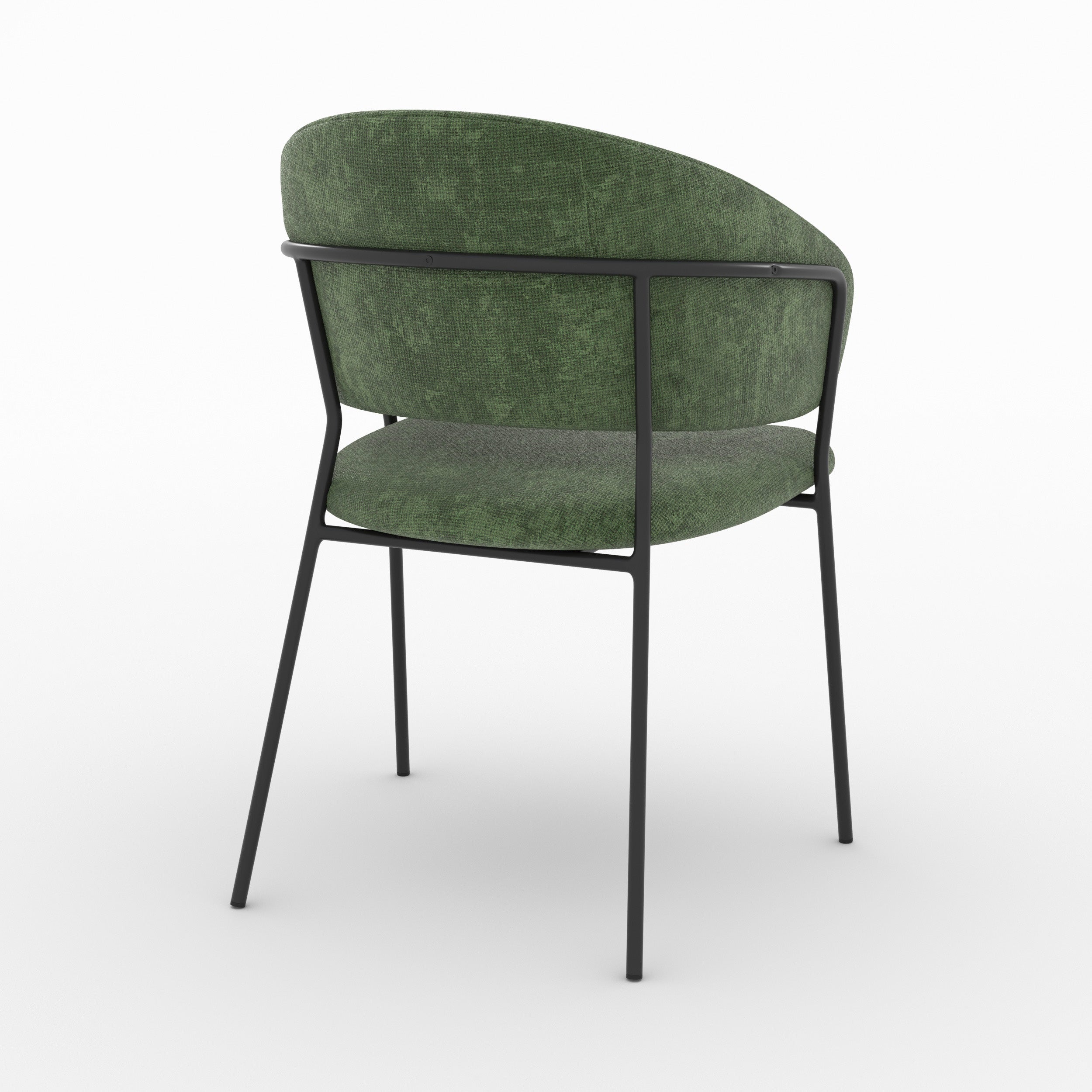 Chaise Amaya en tissu vert sapin et pieds en métal noir, vue de trois quarts arrière - Maison Pavane