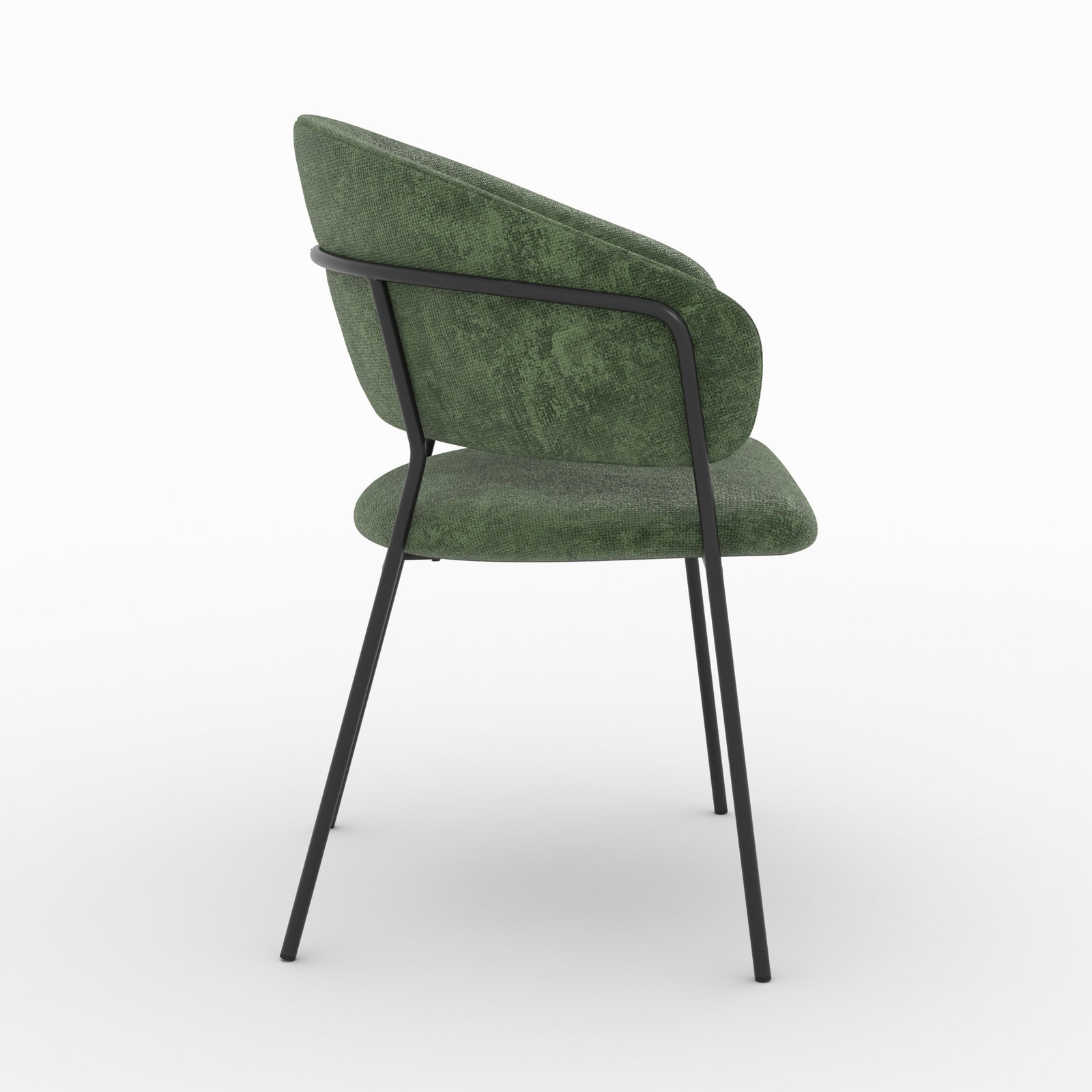Chaise Amaya en tissu vert sapin et pieds en métal noir, vue de profil - Maison Pavane