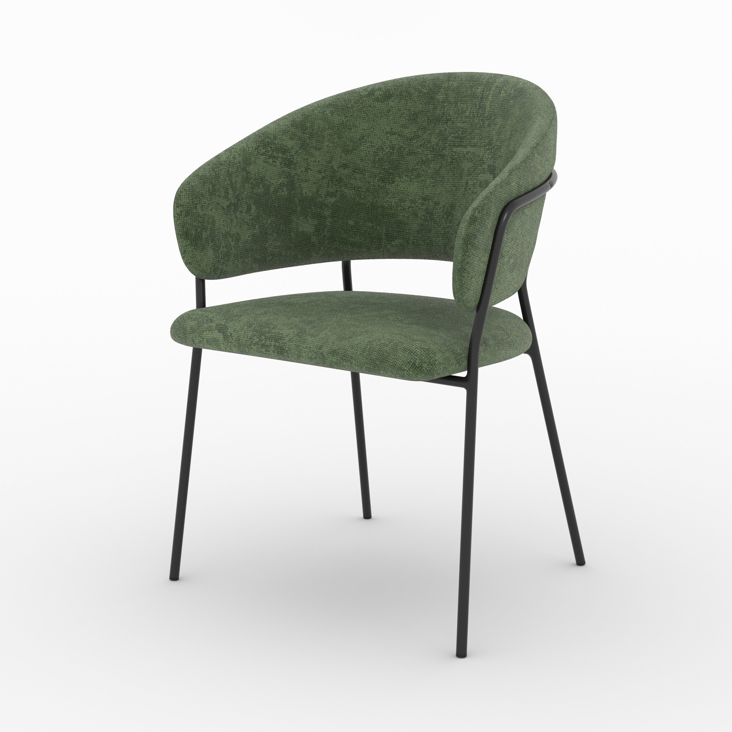 Chaise Amaya en tissu vert sapin et pieds en métal noir, vue de trois quarts - Maison Pavane