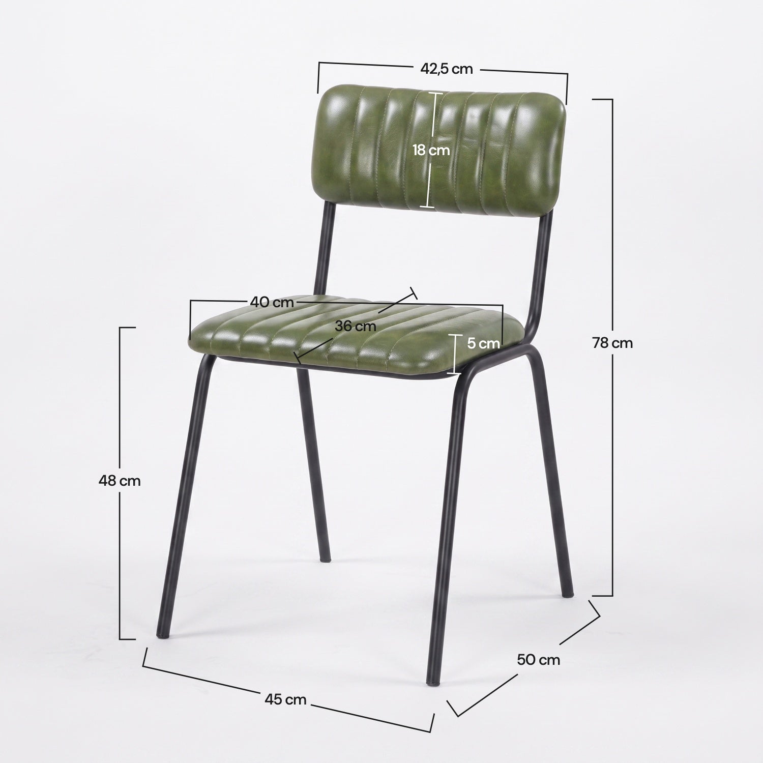 Dimensions de la chaise Arsène en cuir de buffle vert et pieds en métal noir - Maison Pavane