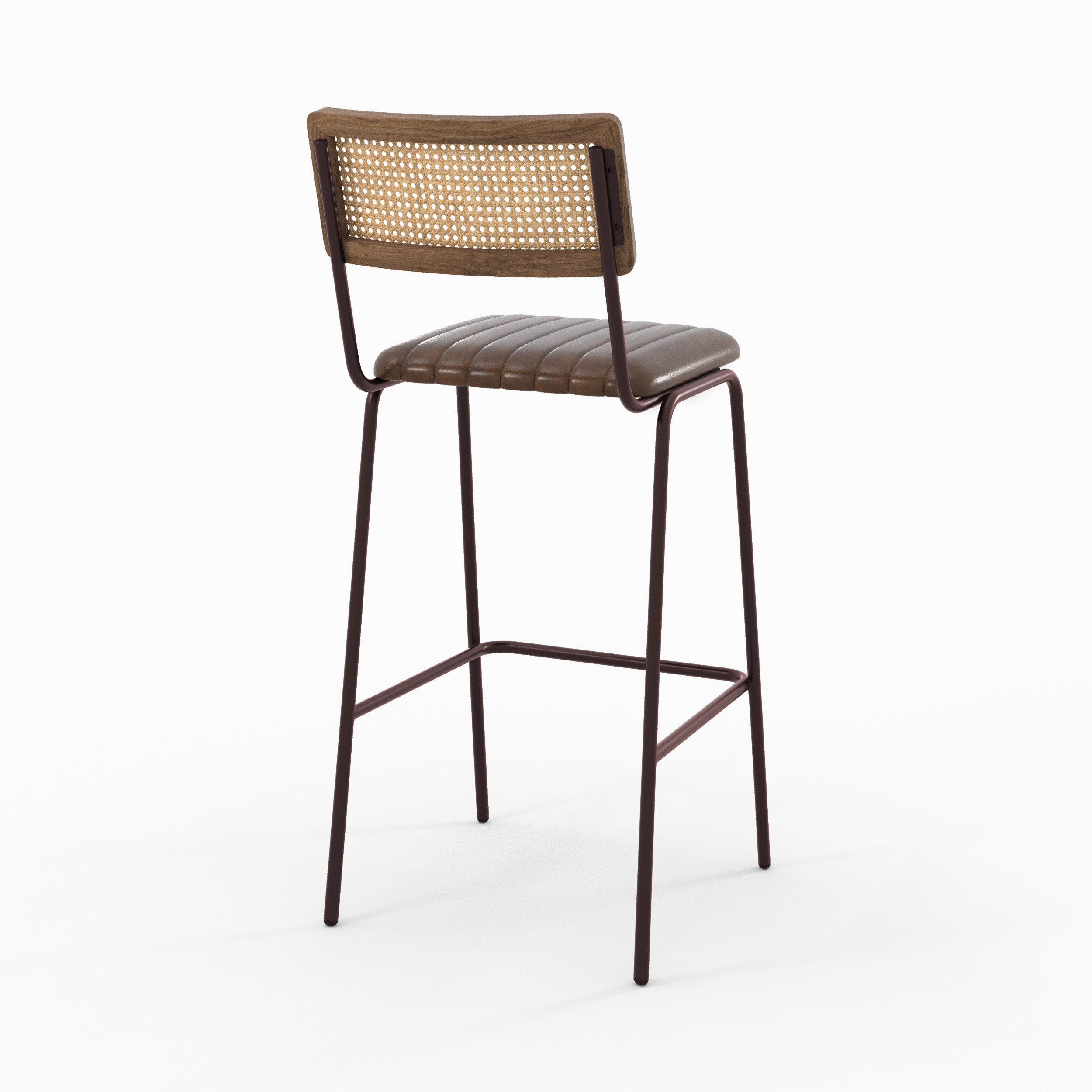 Chaise de bar Arsène en cuir marron et cannage, vue de trois quarts - Maison Pavane
