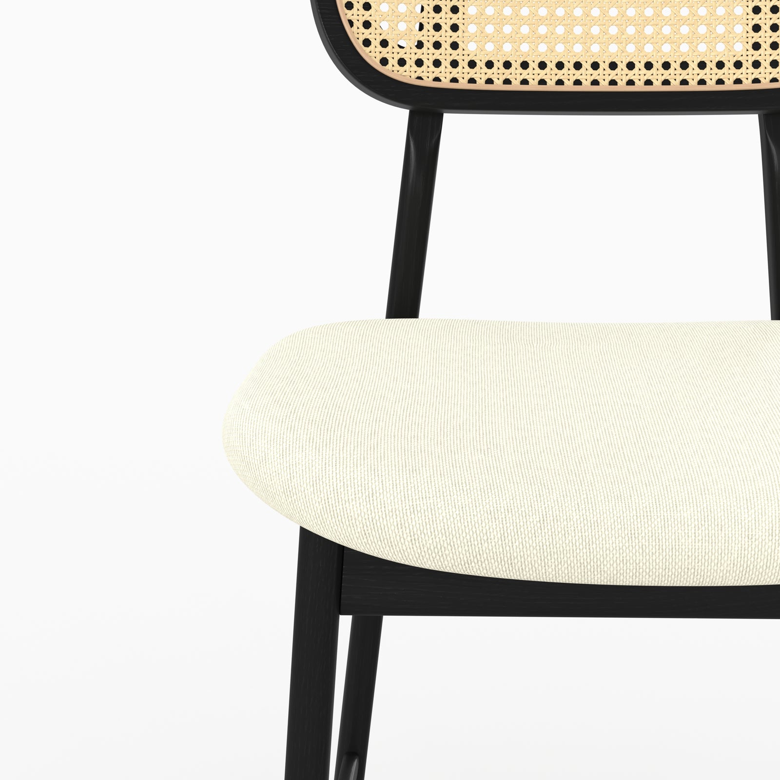 Chaise bar Maria détail cannage rotin bois noir assise tissu beige – Maison Pavane