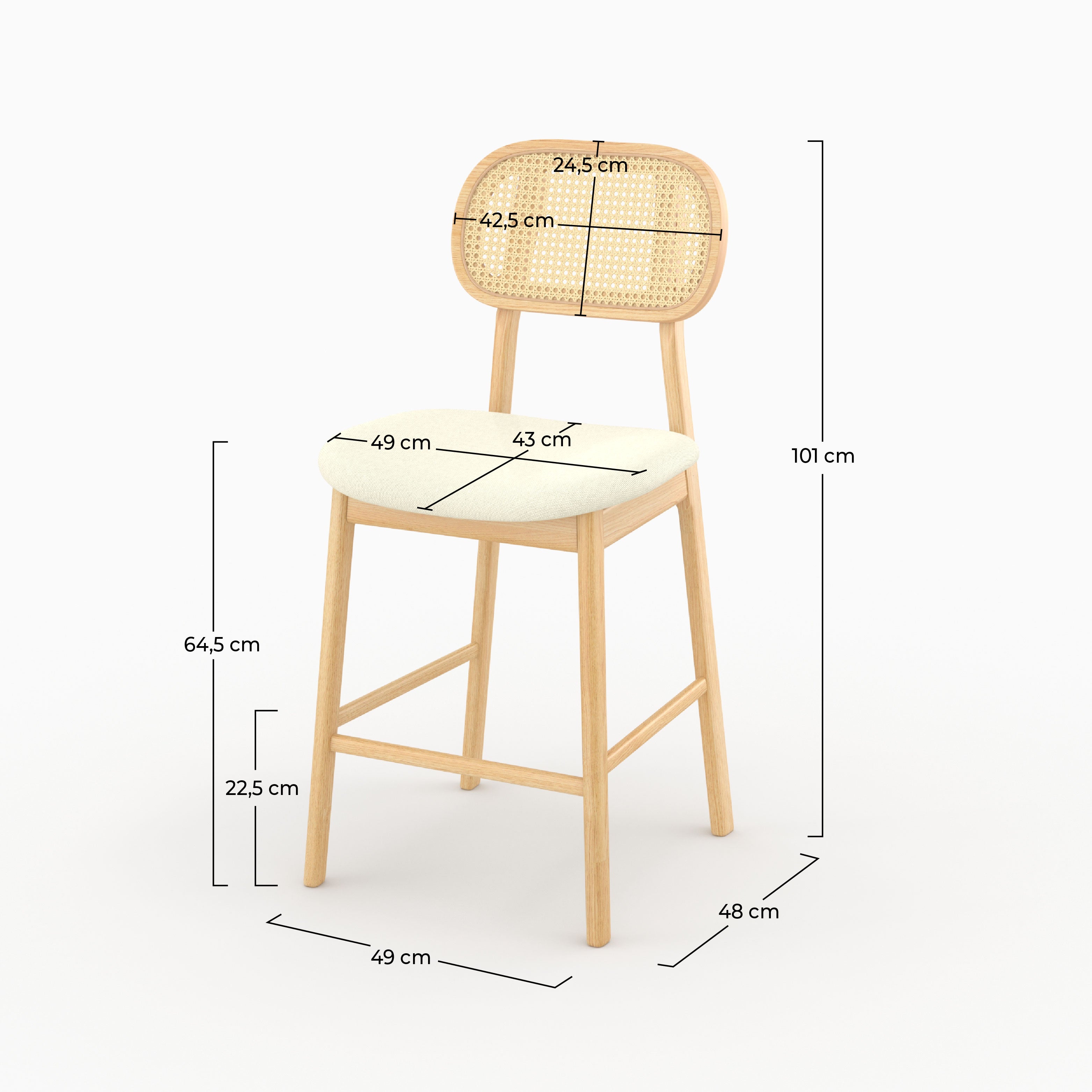 Chaise de bar mi-hauteur Maria en tissu beige et bois 64.5 cm (lot de 2)