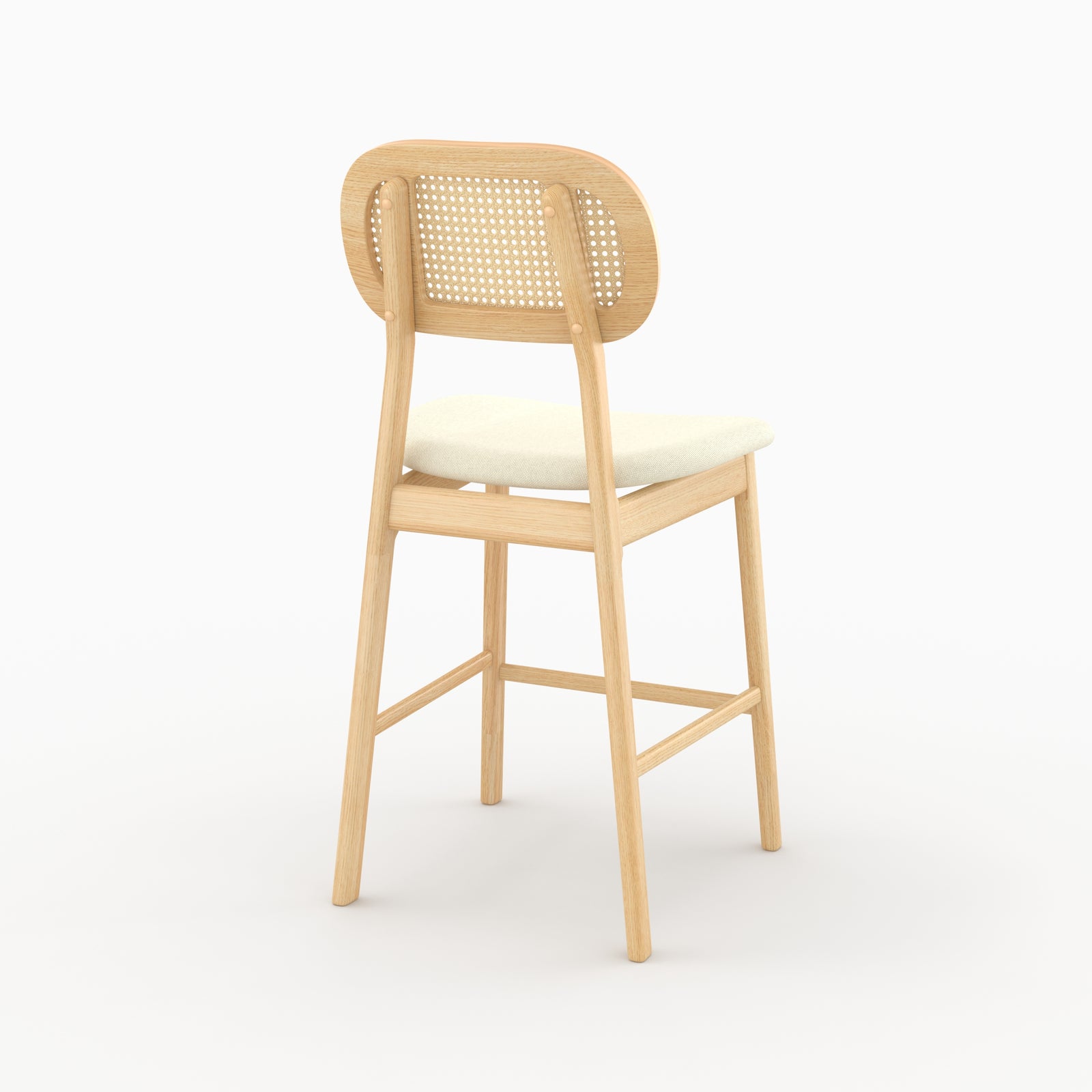Chaise bar Maria mi-hauteur bois clair cannage rotin dos trois quarts – Maison Pavane