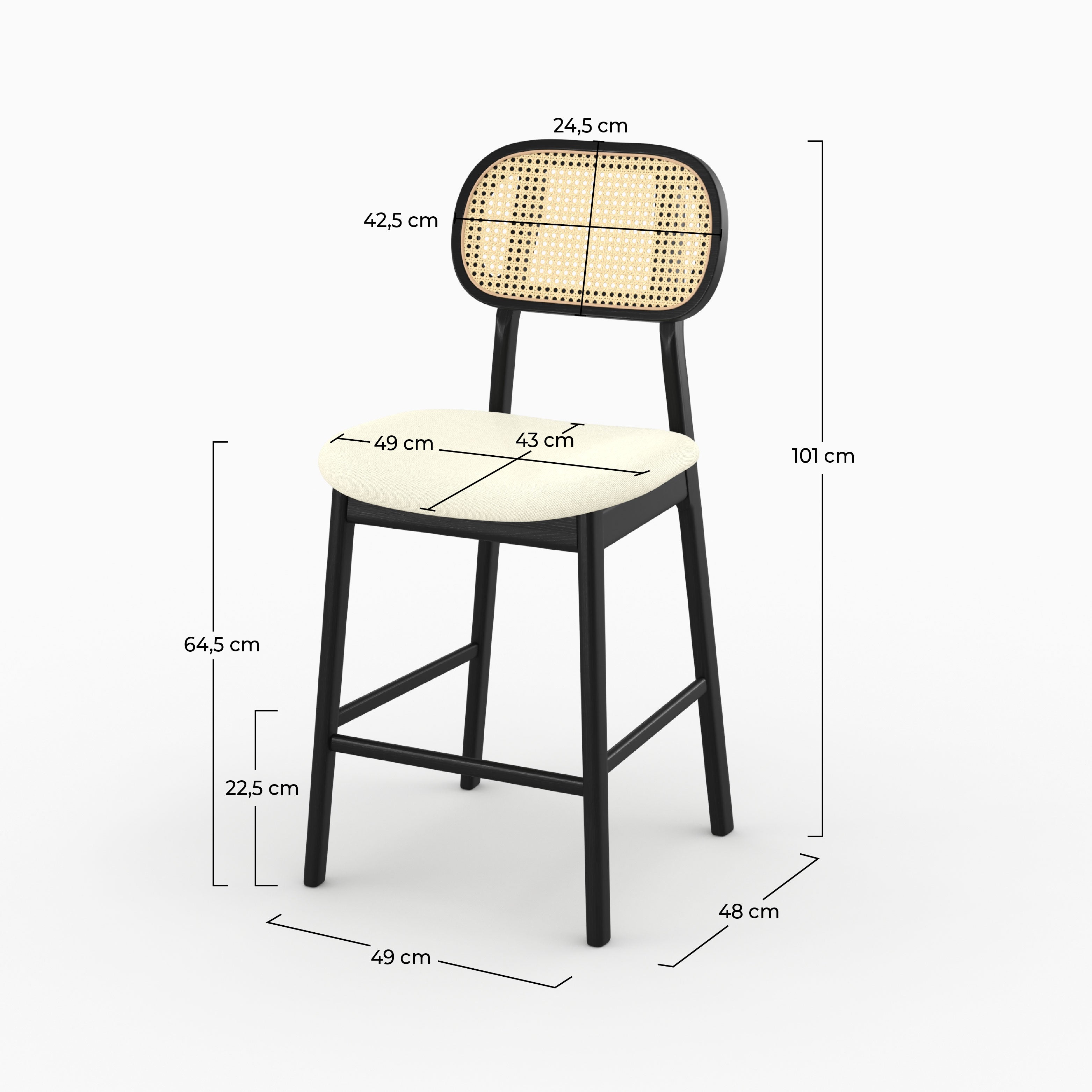 Chaise de bar mi-hauteur Maria en tissu beige et bois noir 64.5 cm (lot de 2)