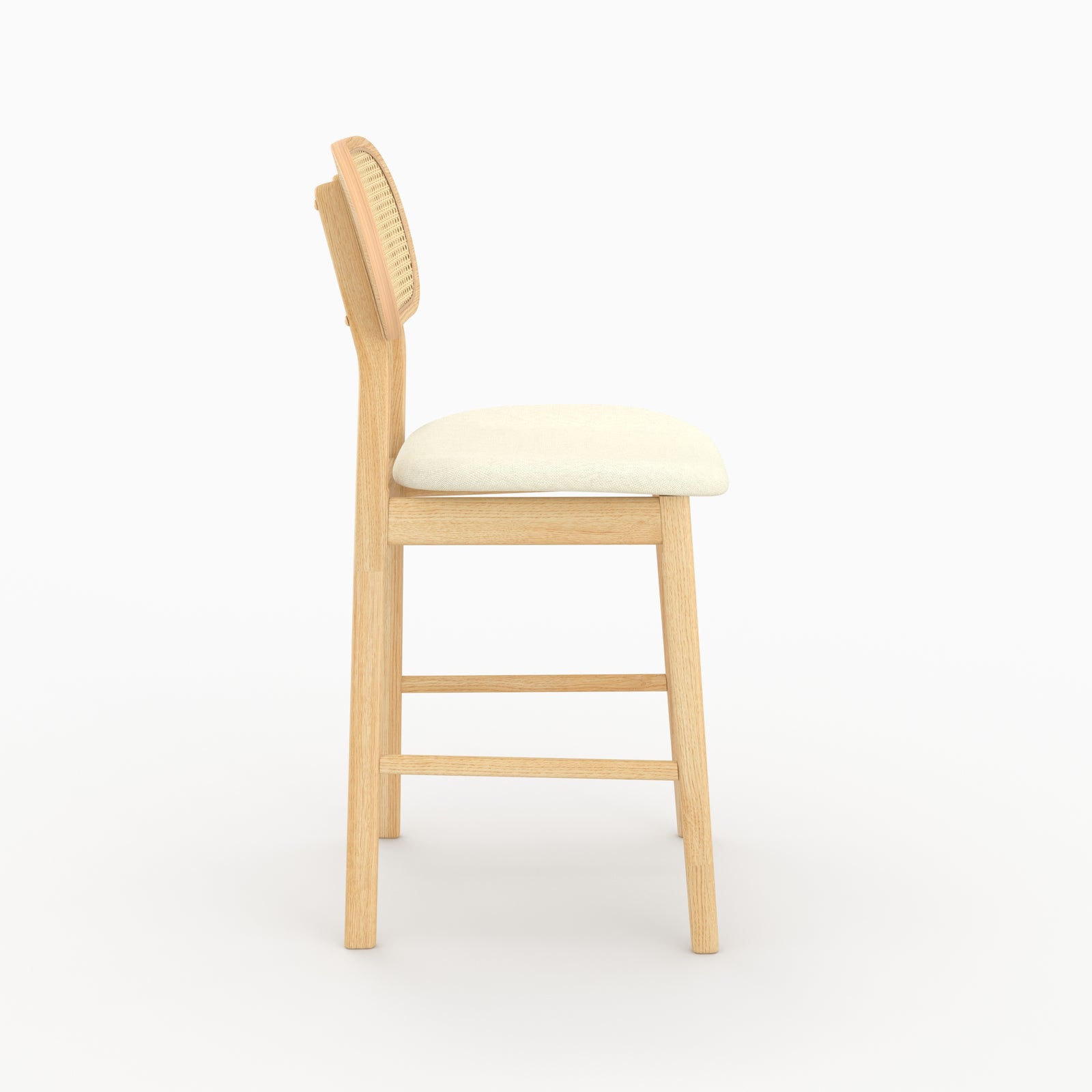 Chaise bar Maria mi-hauteur cannage bois clair assise crème vue profil – Maison Pavane
