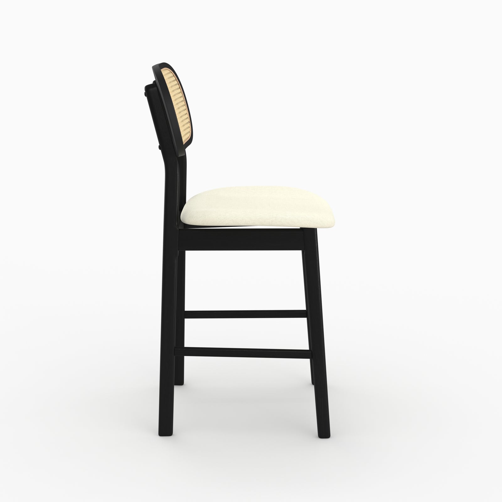 Chaise bar Maria mi-hauteur cannage bois noir assise crème vue profil – Maison Pavane