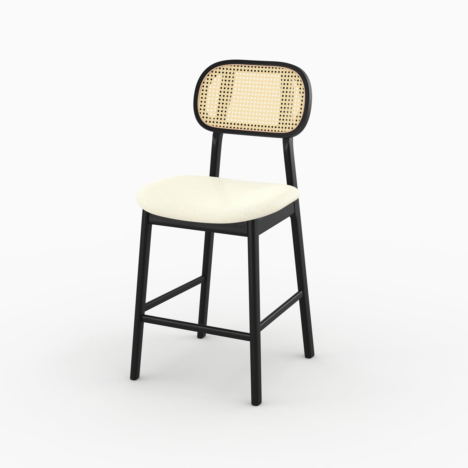 Chaise bar Maria mi-hauteur cannage rotin bois noir assise beige trois quarts – Maison Pavane