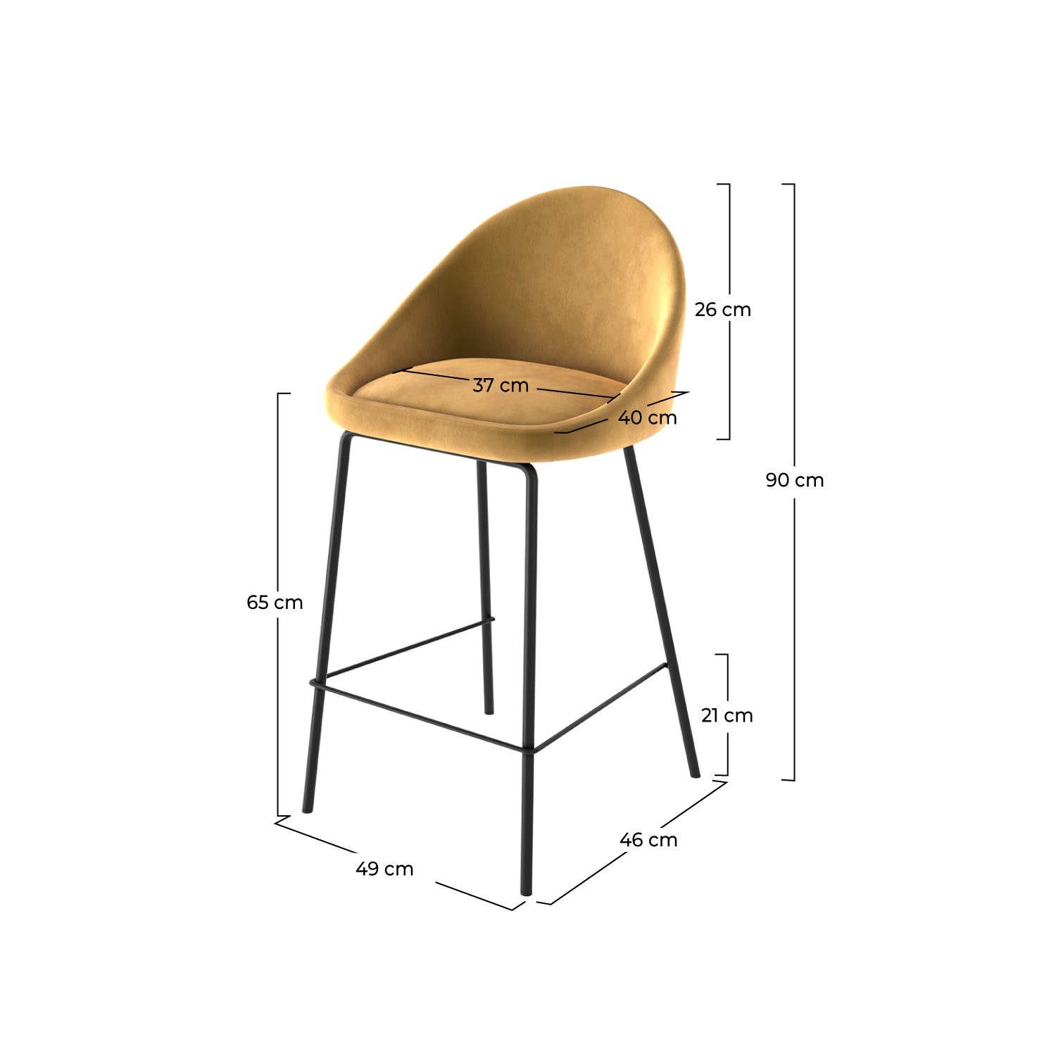 chaise bar mi hauteur misty en velours jaune 65 cm