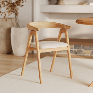 sedia in legno chiaro con schienale arrotondato e tessuto beige hevea hwa