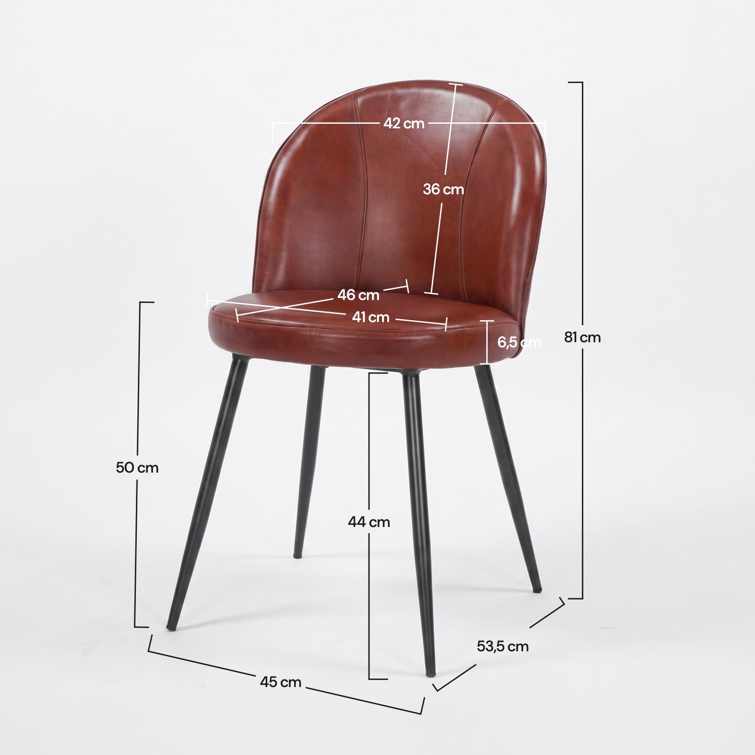 Dimensions de la chaise Célestin en cuir de buffle marron rouge et pieds en métal noir - Maison Pavane