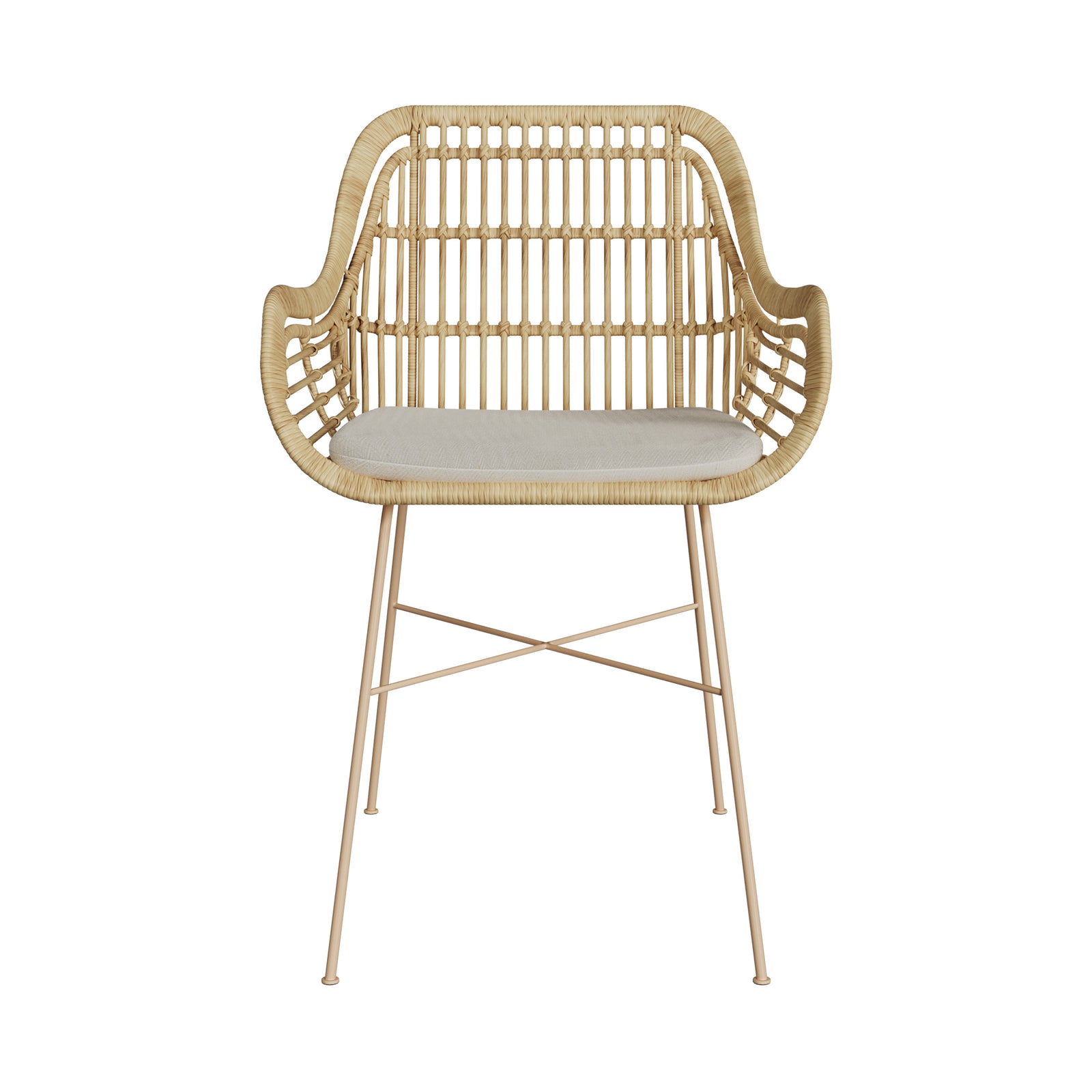 sedia chiloe in rattan con piedi in metallo beige e cuscino beige