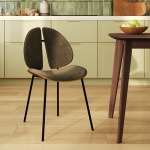 Chaise Coccinelle velours kaki bois de noyer velours