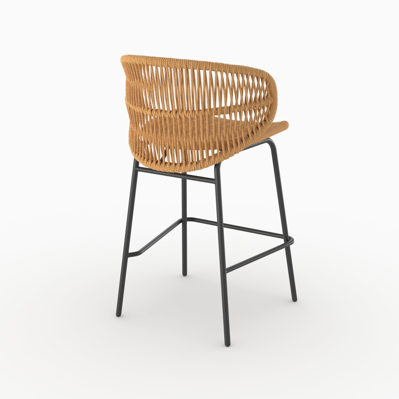 Chaise de bar d'extérieur Lara en rotin synthétique naturel, vue arrière trois-quarts - Maison Pavane