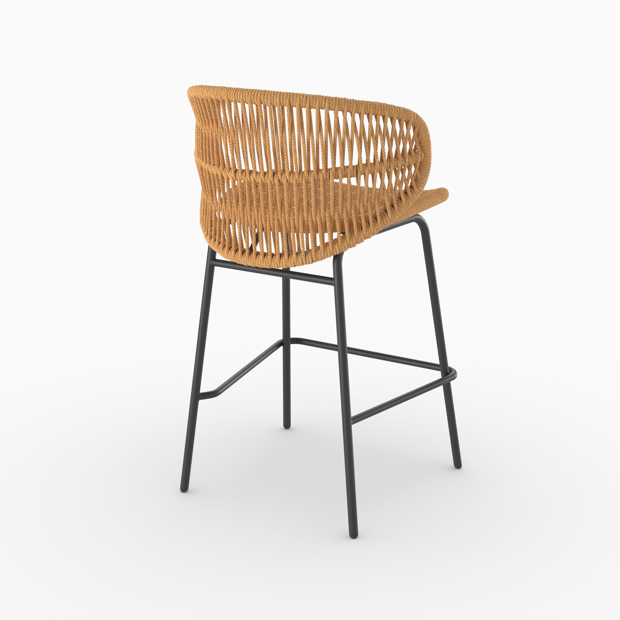 Chaise de bar d'extérieur Lara en rotin synthétique naturel, vue arrière trois-quarts - Maison Pavane