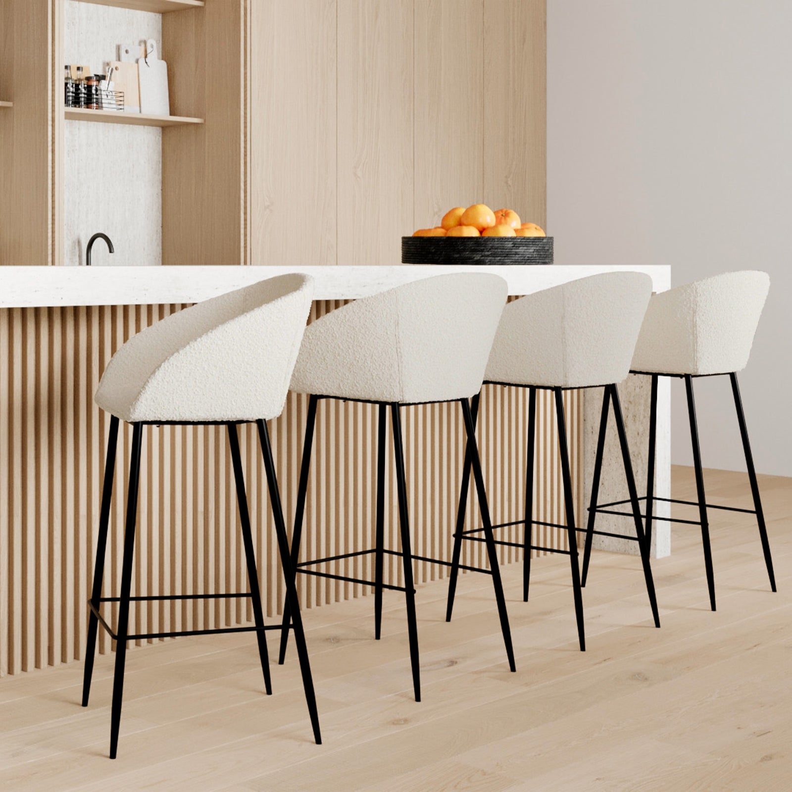 sedia da bar 75 cm in tessuto bouclé bianco con gambe nere