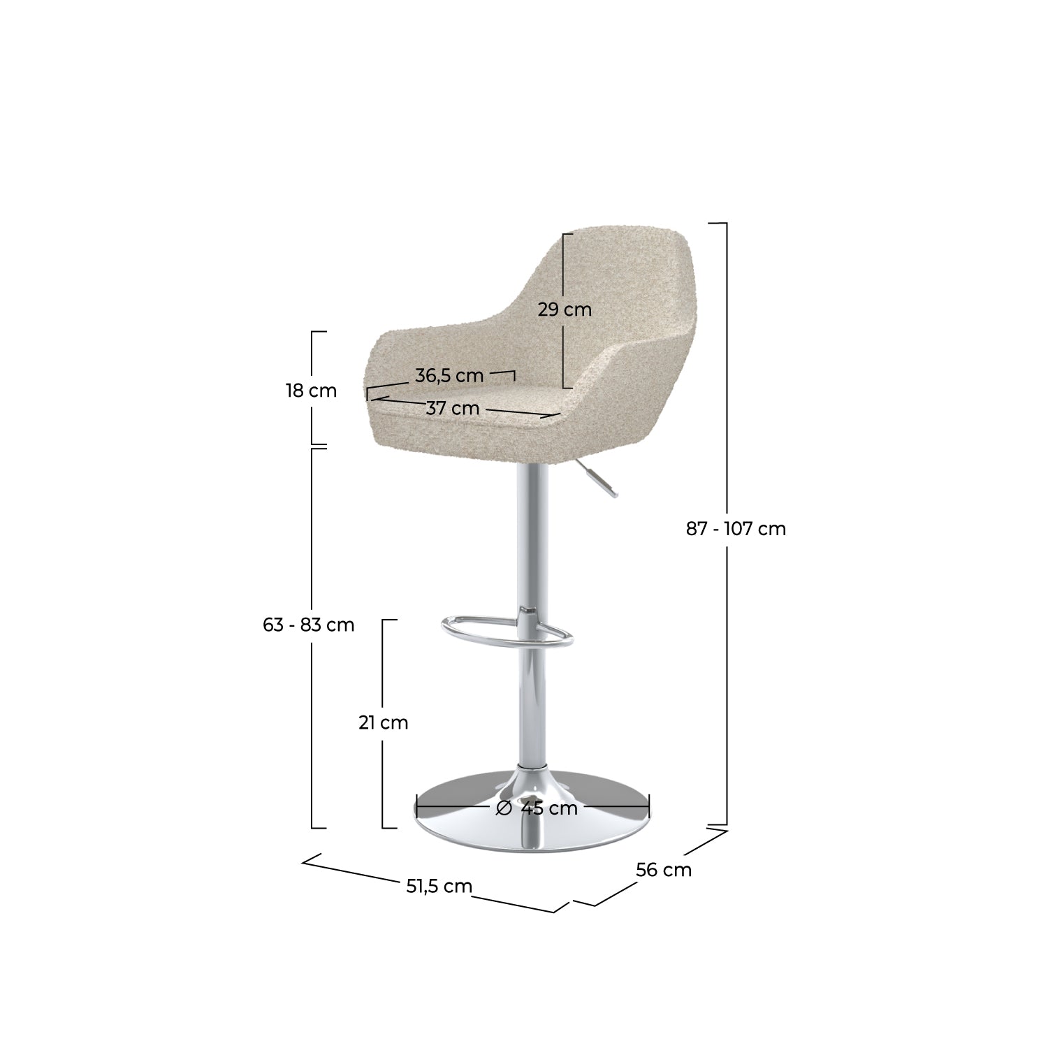 sedia da bar adam effetto lana bouclé bianco rotto set di 2