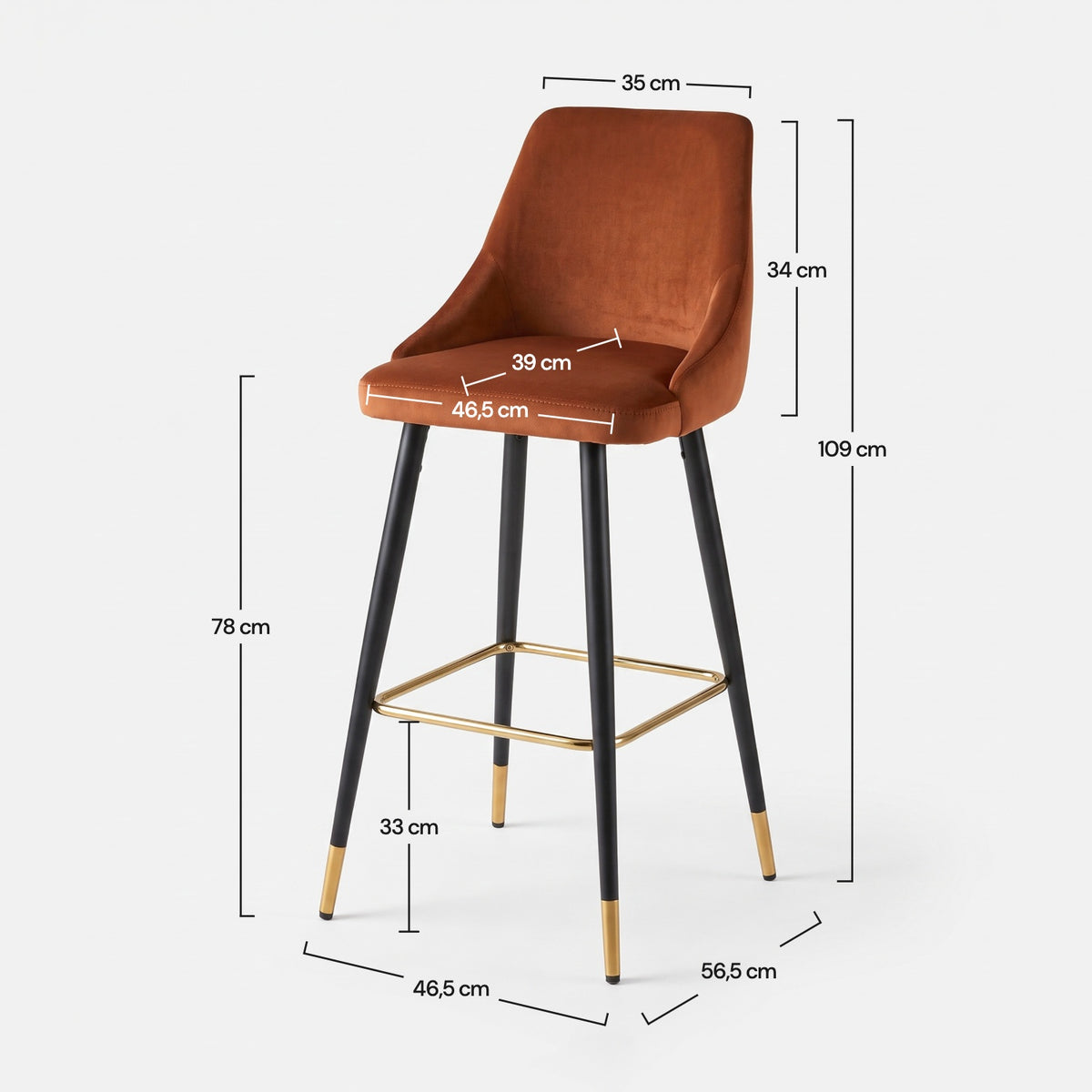 Dimensions de la chaise de bar Aristote 78 cm en velours terracotta et pieds en métal - Maison Pavane