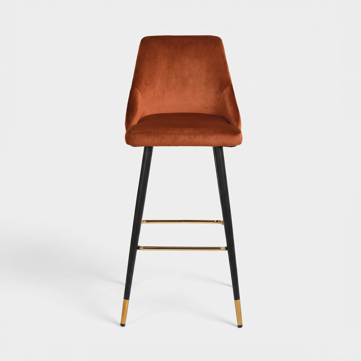 Chaise de bar Aristote 78 cm en velours terracotta et pieds en métal, vue de face - Maison Pavane