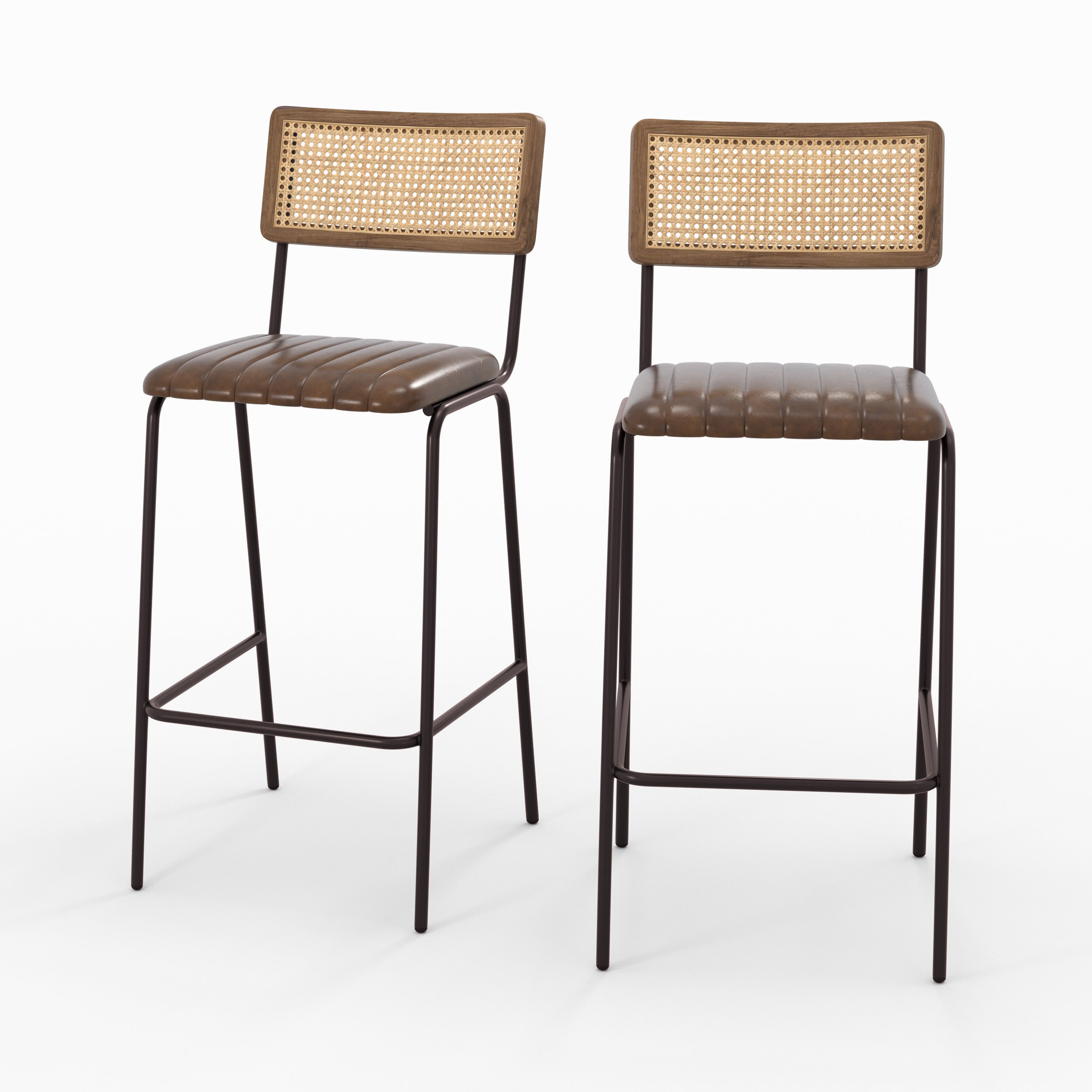 Chaise de bar Arsène en cannage et cuir marron, lot de 2 - Maison Pavane