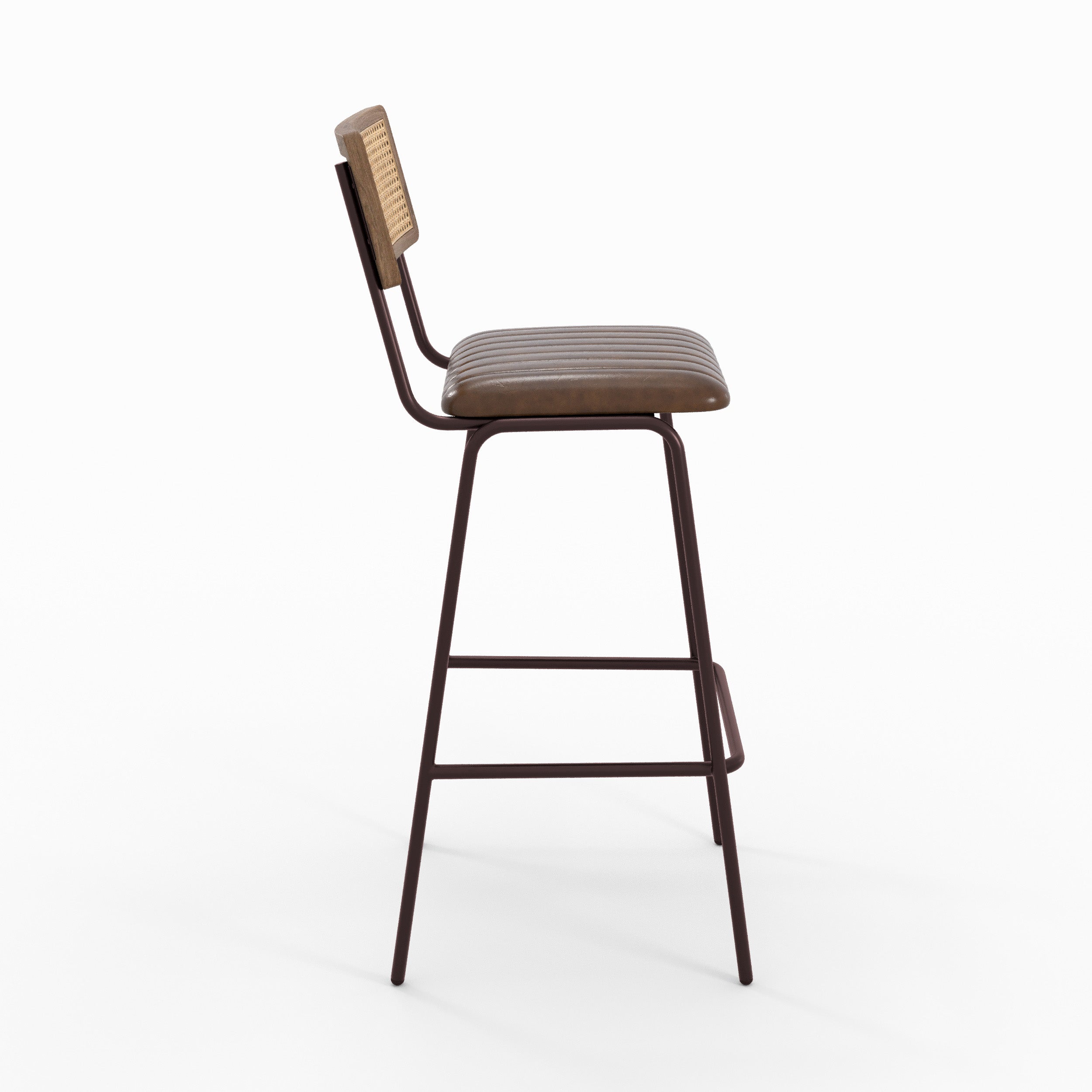 Chaise de bar Arsène en cuir marron et cannage, vue de profil - Maison Pavane