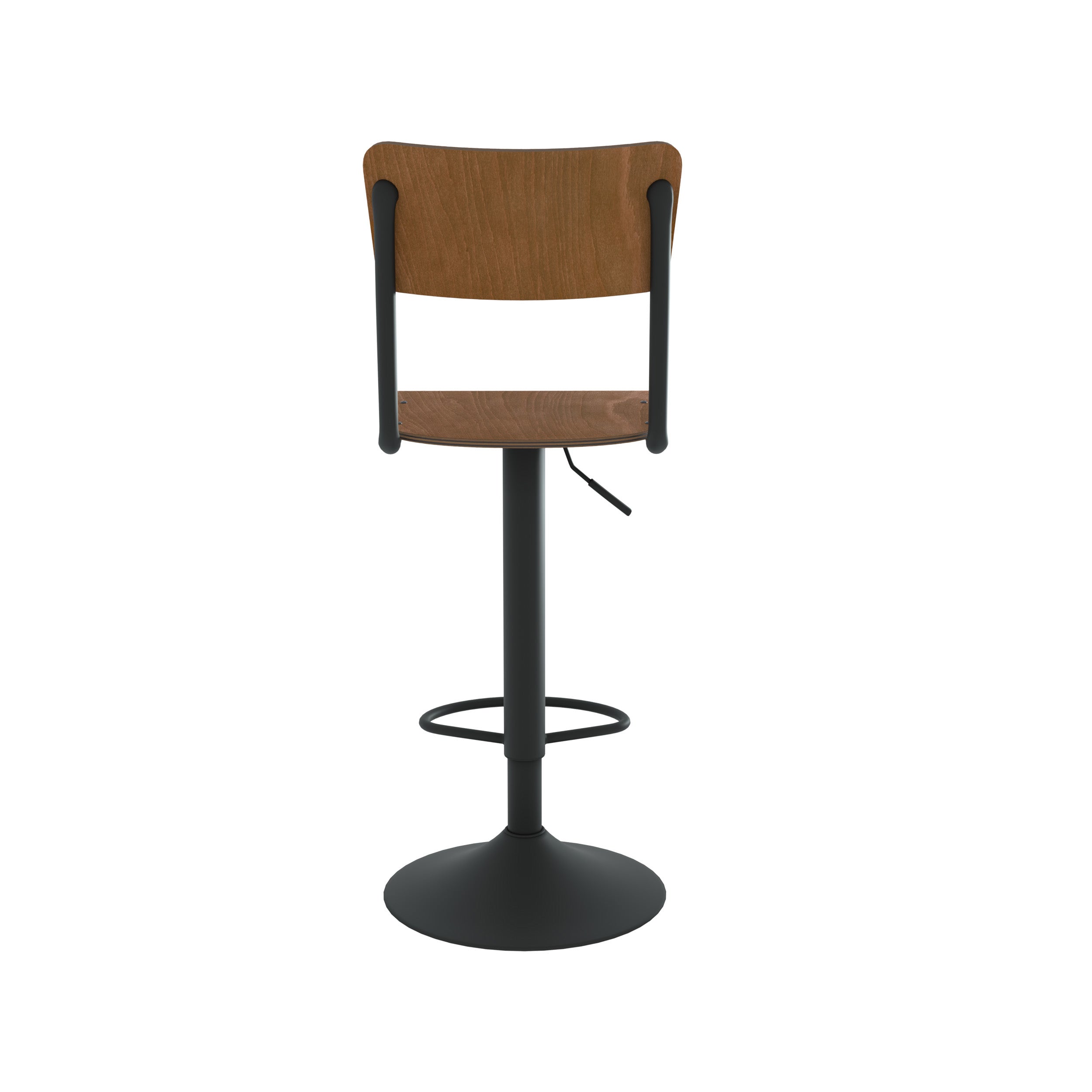 Chaise de bar Clem en bois foncé pivotante et réglable en hauteur, vue de dos - Maison Pavane