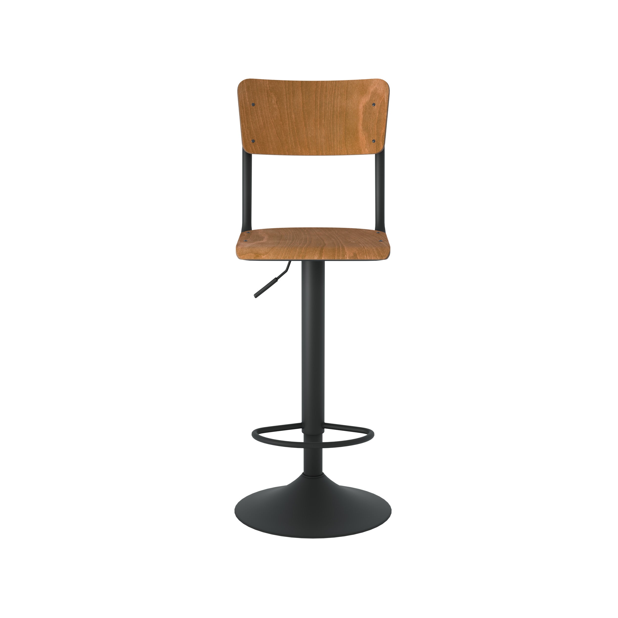 Chaise de bar Clem en bois foncé pivotante et réglable en hauteur, vue de face - Maison Pavane