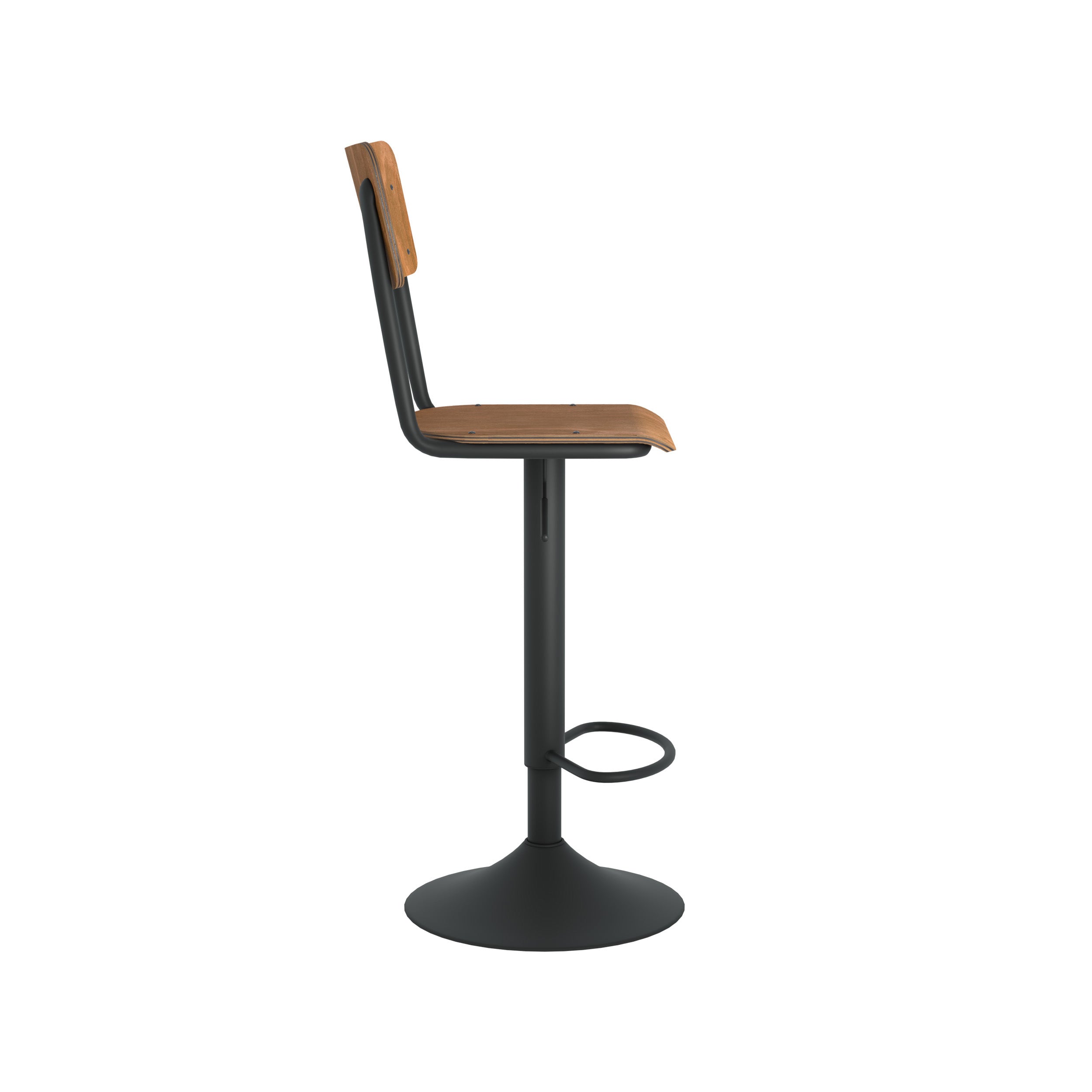 Chaise de bar Clem en bois foncé pivotante et réglable en hauteur, vue de profil - Maison Pavane