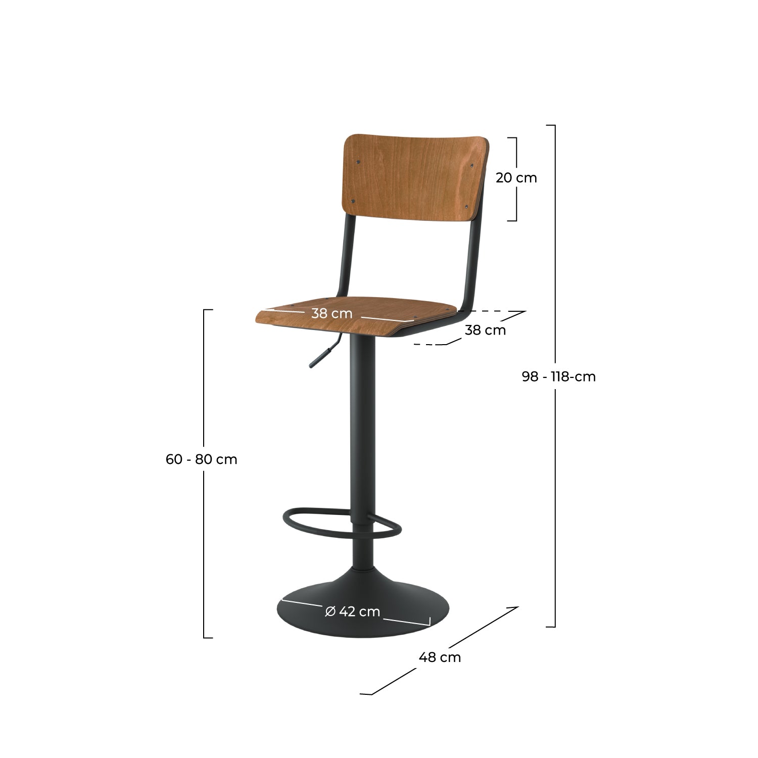 Dimensions de la chaise de bar Clem : assise 38 x 38 cm, hauteur 98 à 118 cm - Maison Pavane
